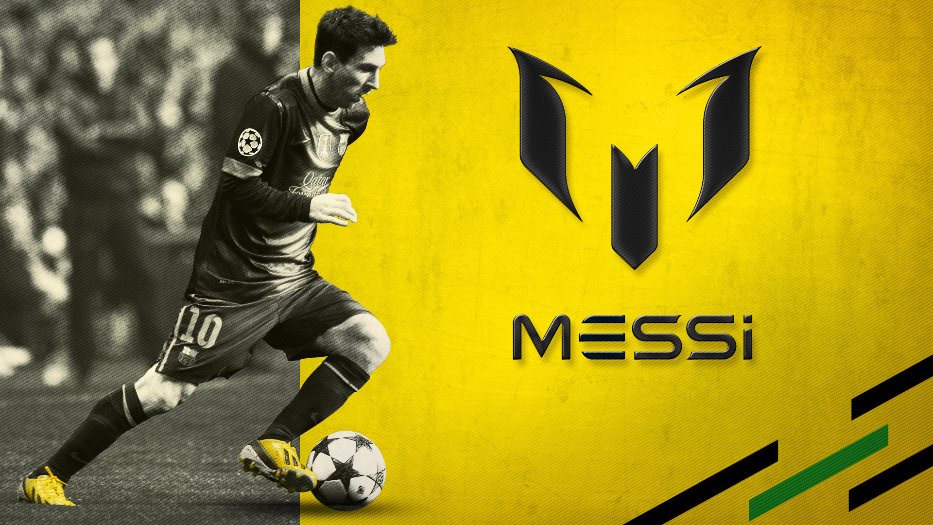 Lionel Messi, Messi logo, Yellow background, Dribbling, Full HD, wallpaper for PC