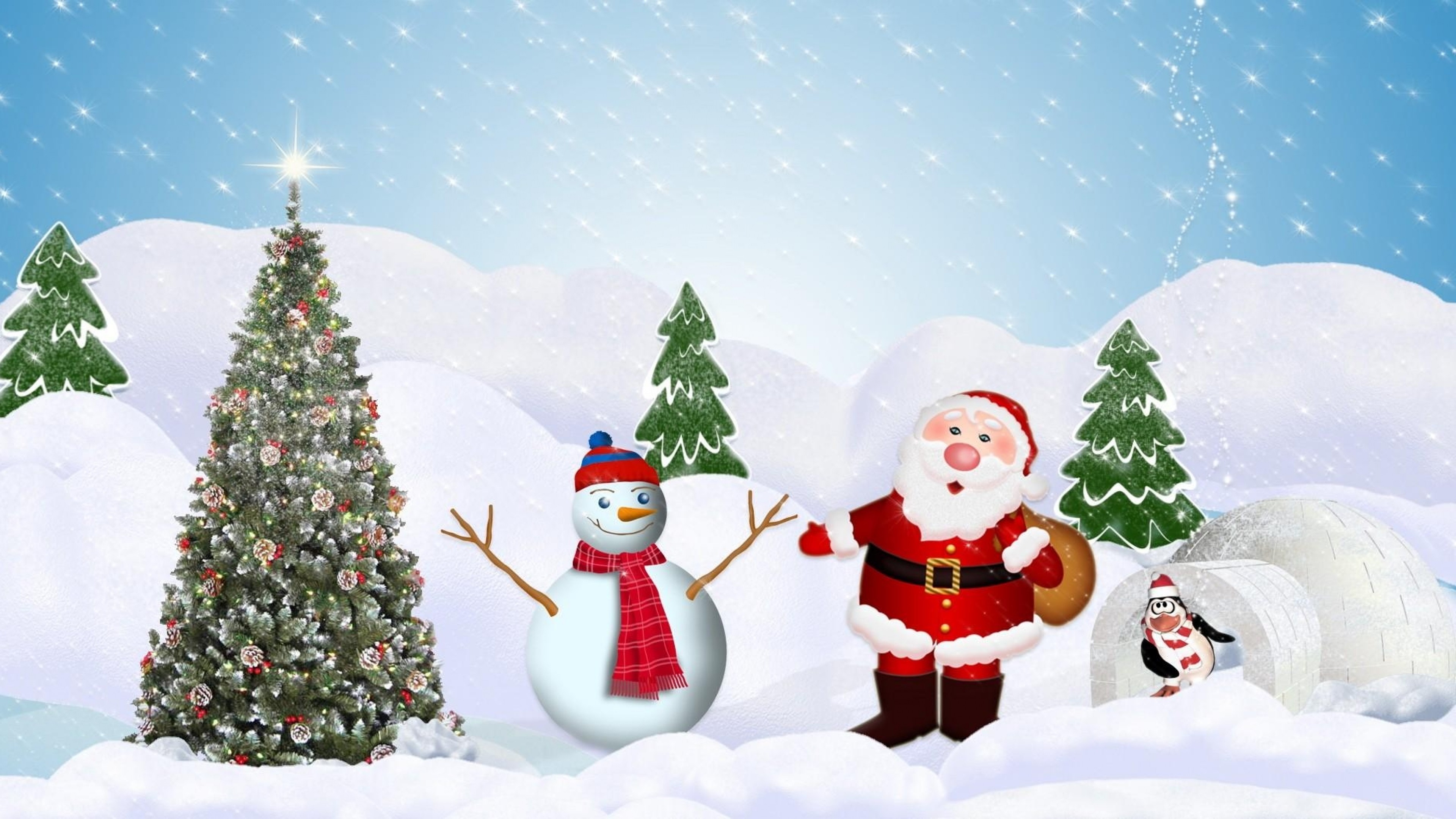 Снег снеговик снегурочка. Новогодние обои на рабочий стол. Дед Мороз и Снеговик. Снеговик с елкой. Новый год елка дед Мороз.