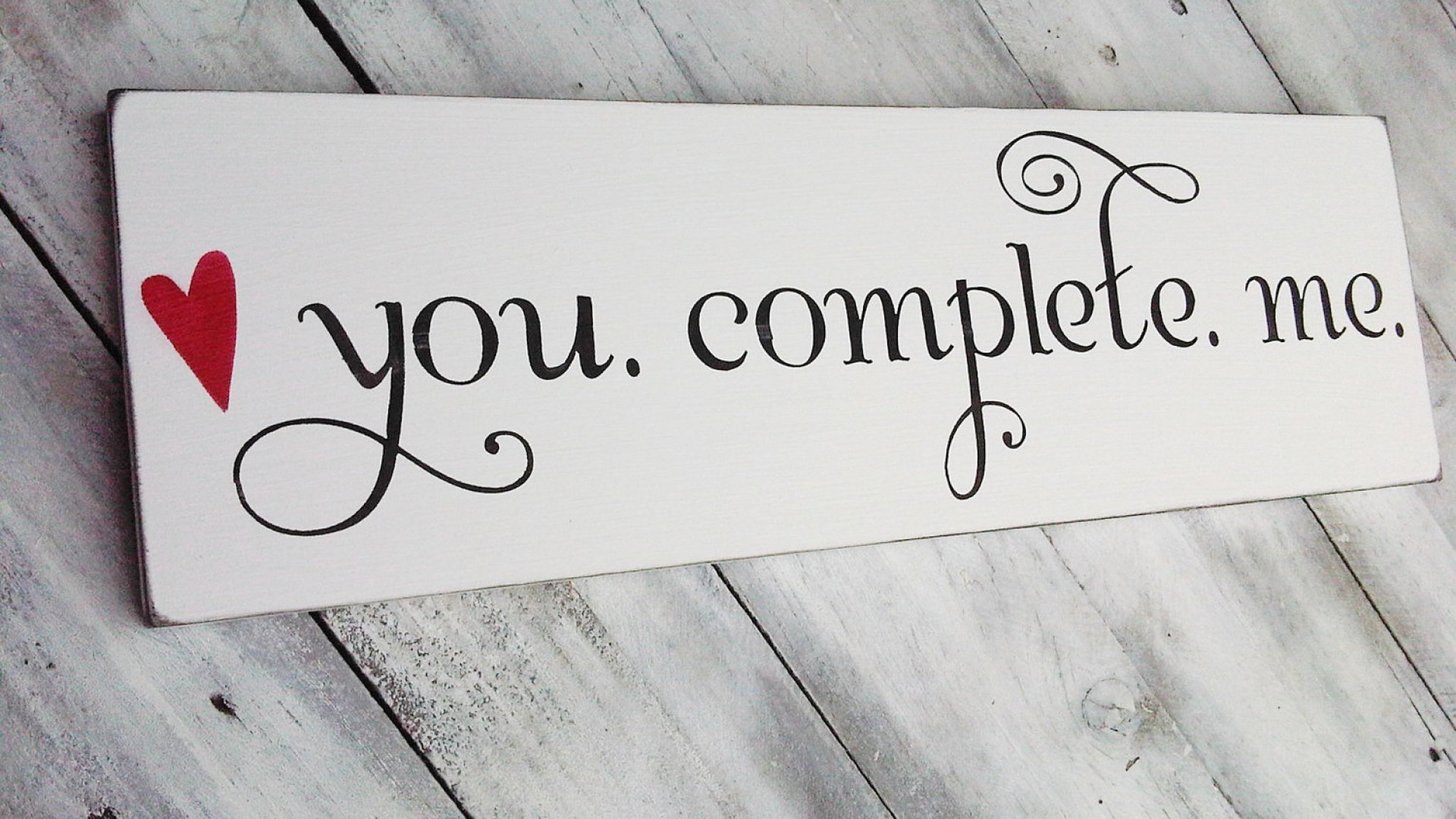 You complete me, Wooden sign, Red heart, 1920x1080, desktop background