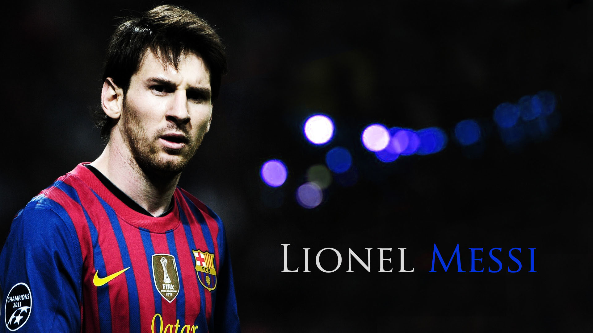 Lionel Messi, FC Barcelona, Portrait, Typography, Bokeh, 1920x1080, desktop background