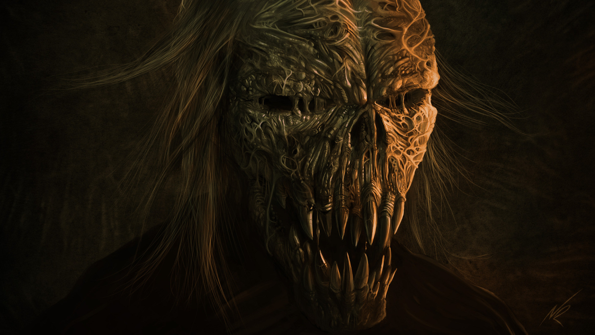 Skull monster, Creepy face, Fangs, Horror, Dark, 16:9 Full HD, widescreen wallpaper