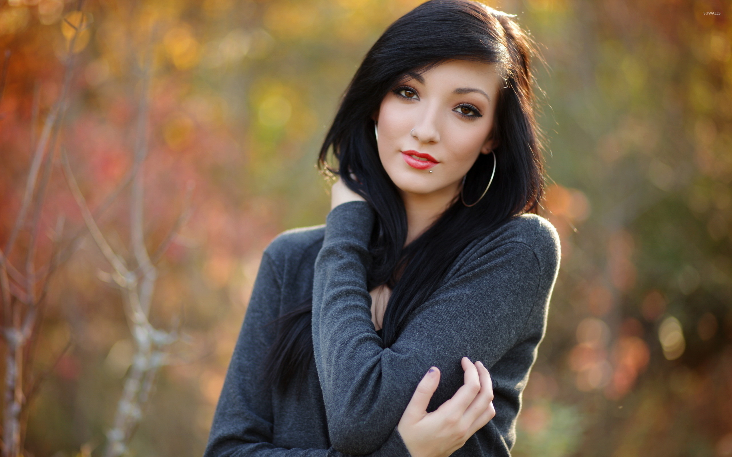 Brunette, Grey sweater, Autumn bokeh, Hoop earrings, 2K, laptop background
