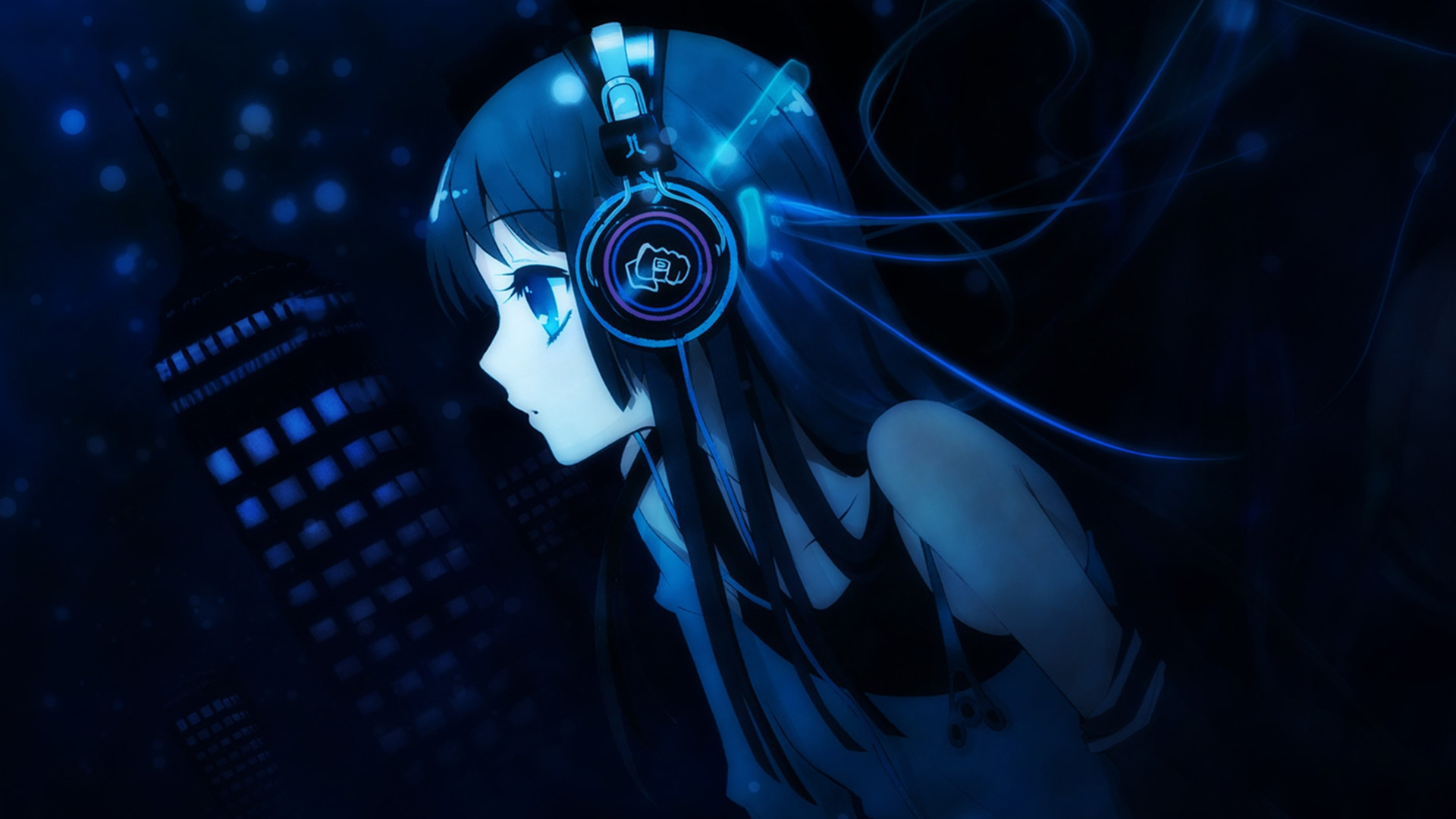Hatsune Miku, Vocaloid, Headphones, Night city, Anime girl, Full HD 1080p, desktop wallpaper