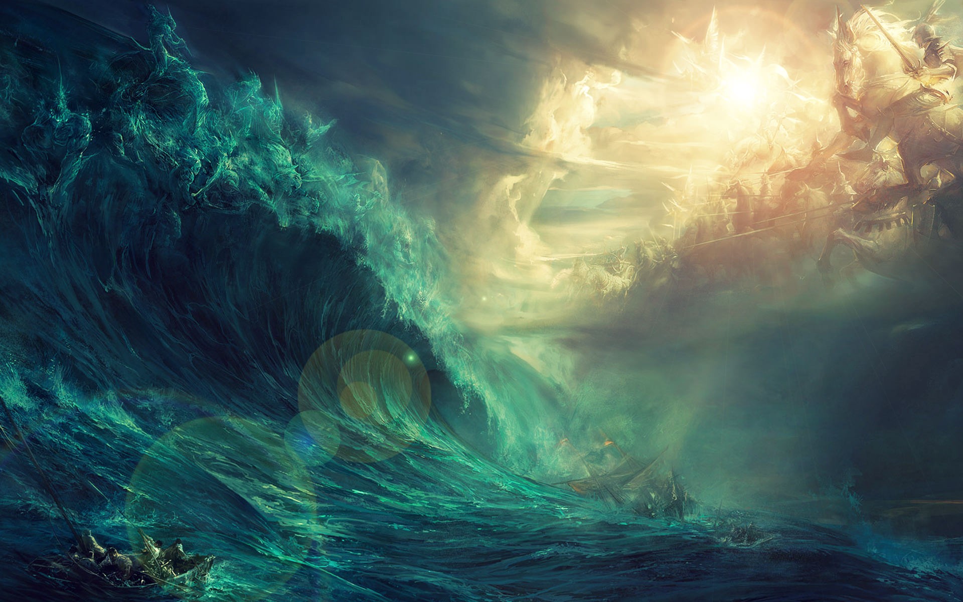 Giant wave, Storm, Sunlight, Fantasy art, 16:10 Full HD, widescreen wallpaper
