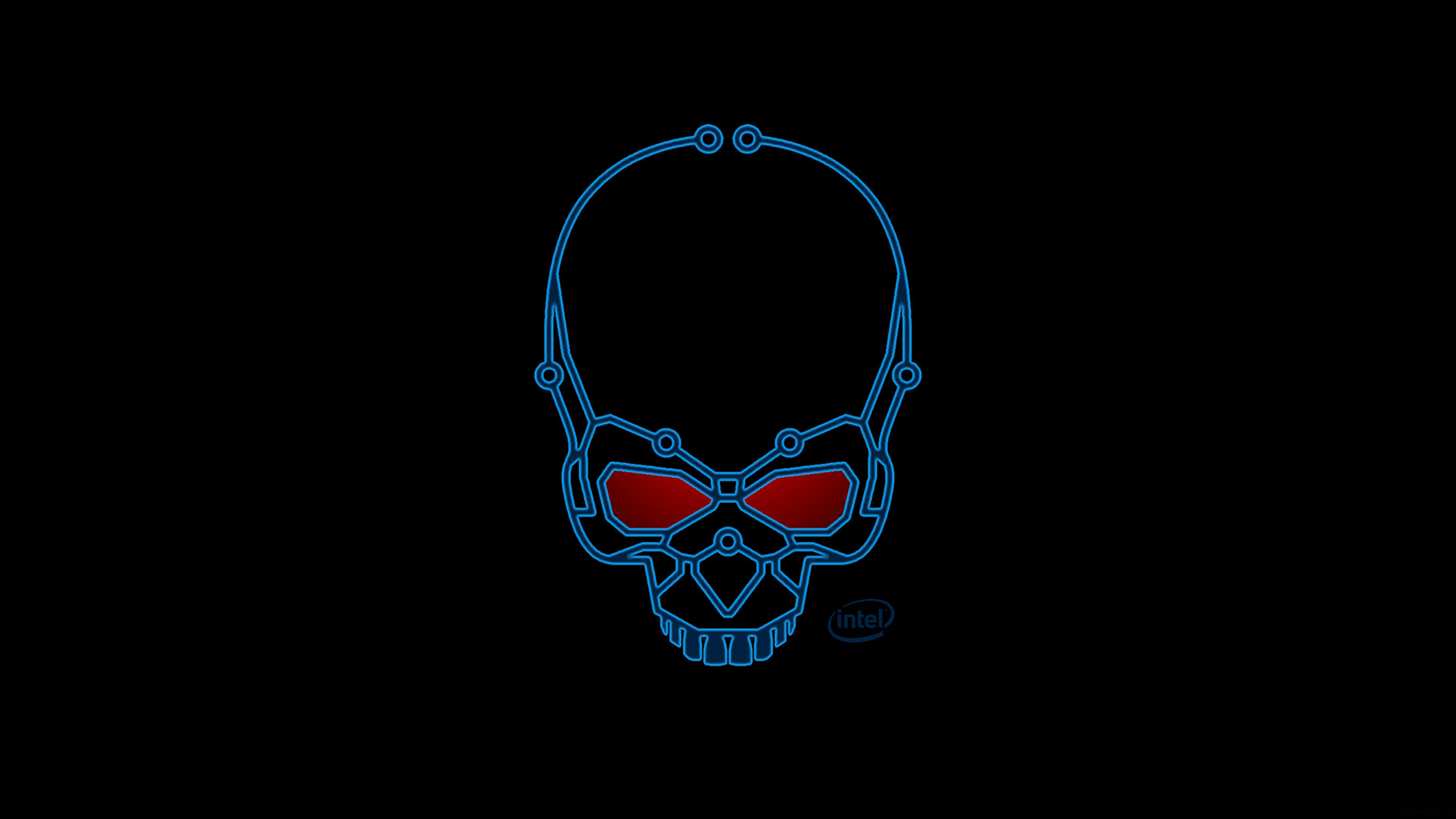 Skull outline, Blue line art, Red eyes, Black background, wallpaper for Android