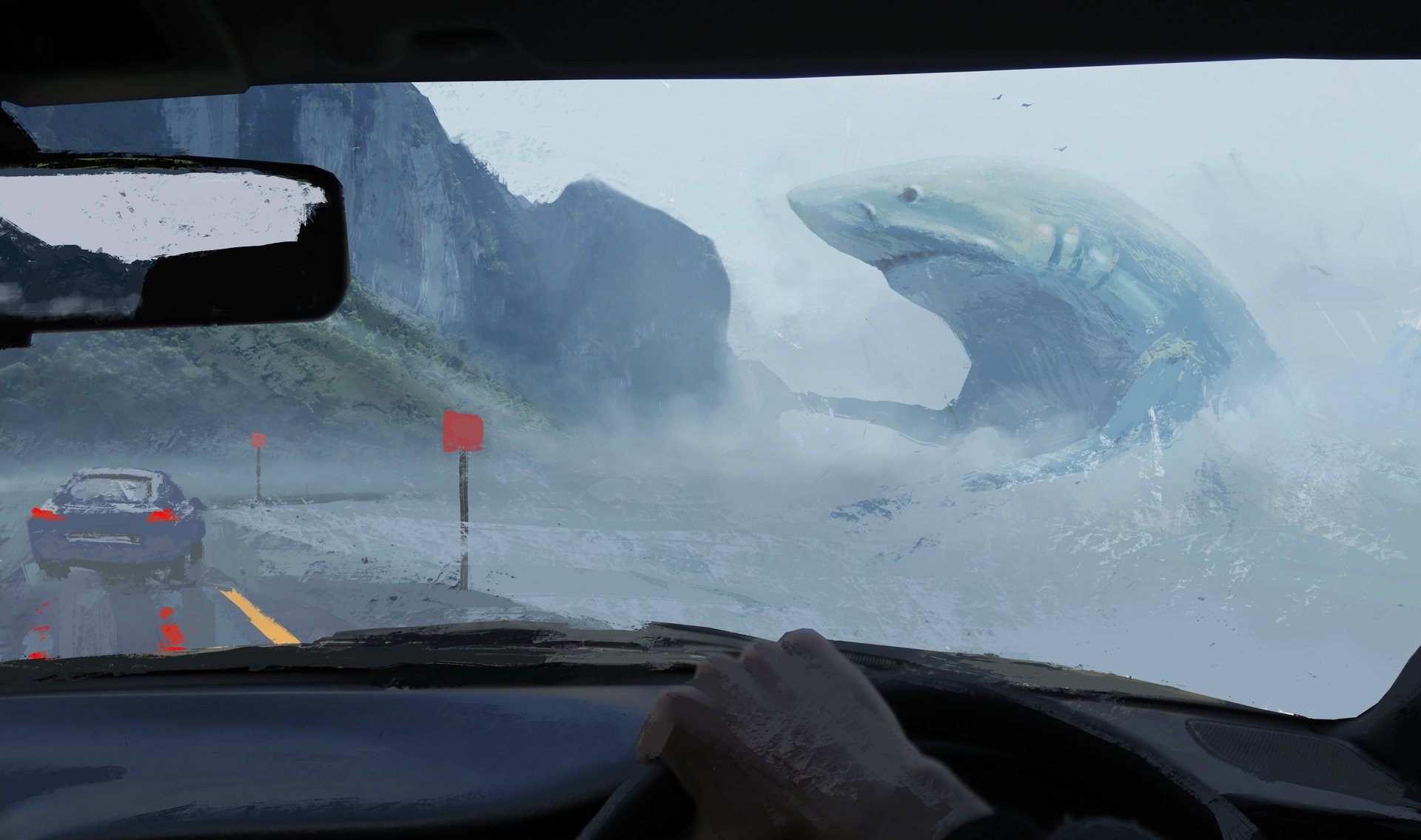 Megalodon, Giant shark, Car interior, Ocean view, Rain, Digital painting, Full HD laptop wallpaper
