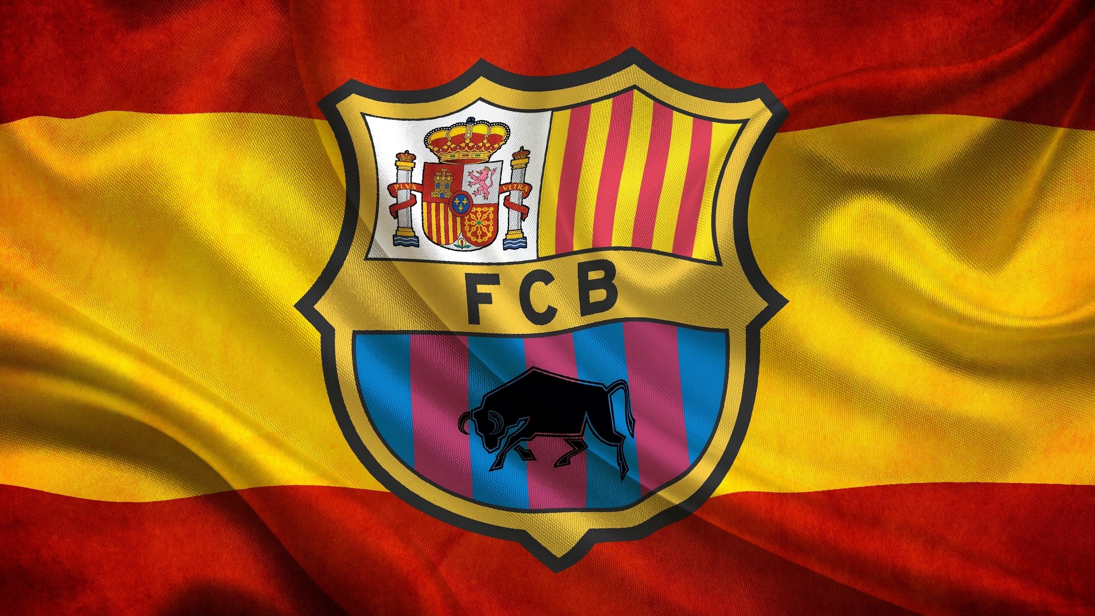 FC Barcelona, Spain flag, Club crest, Bull, 3840x2160, desktop background