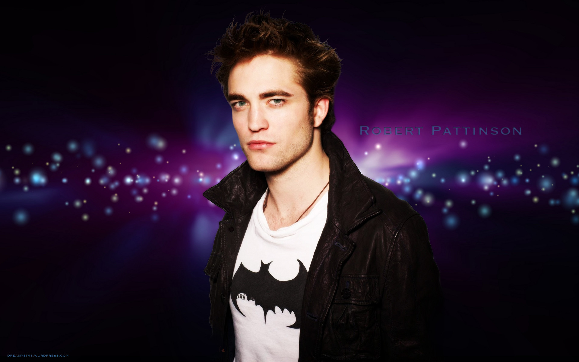 Robert Pattinson, Batman logo T-shirt, Purple bokeh, Dark background, Full HD desktop wallpaper