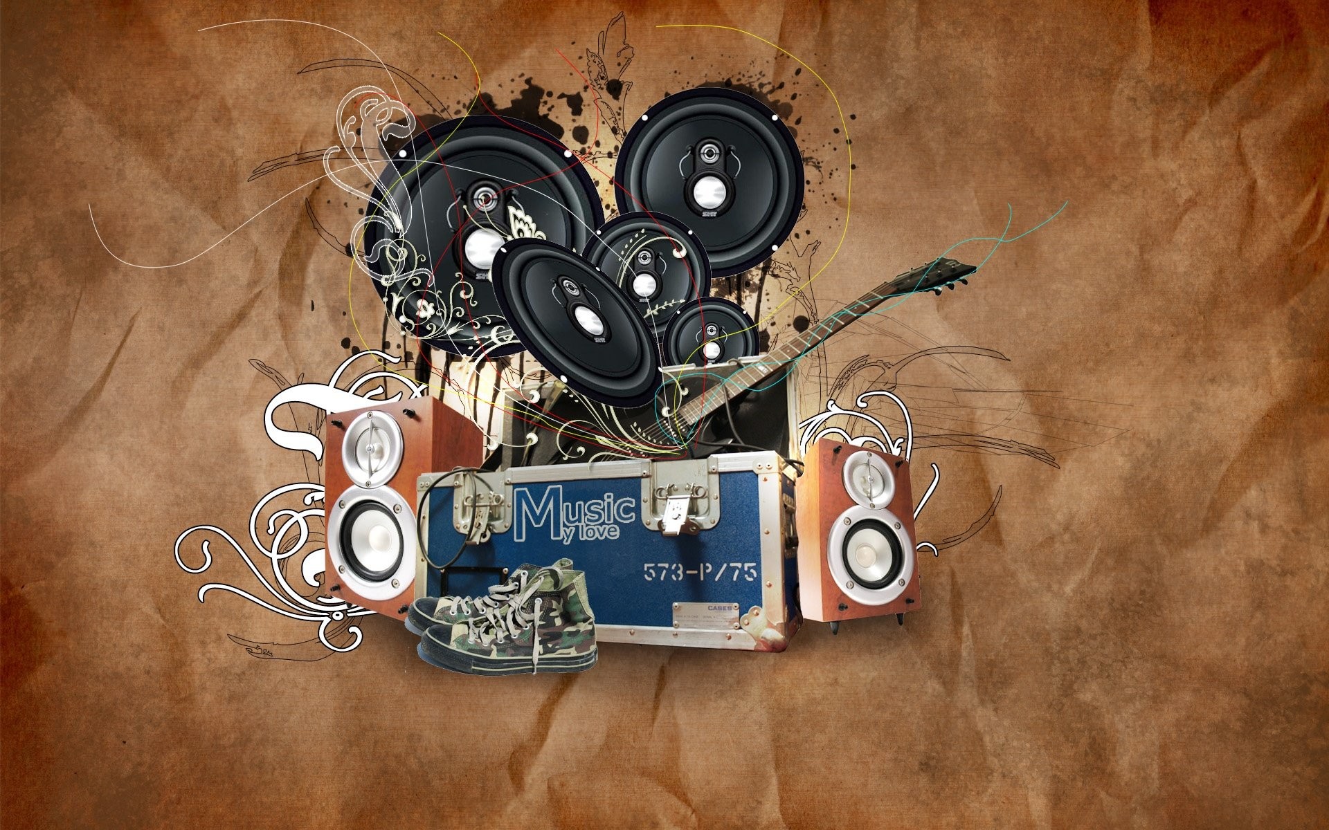 Speakers, Electric guitar, Cassette tape, Collage, Brown paper, 1920x1200, MacBook Pro wallpaper