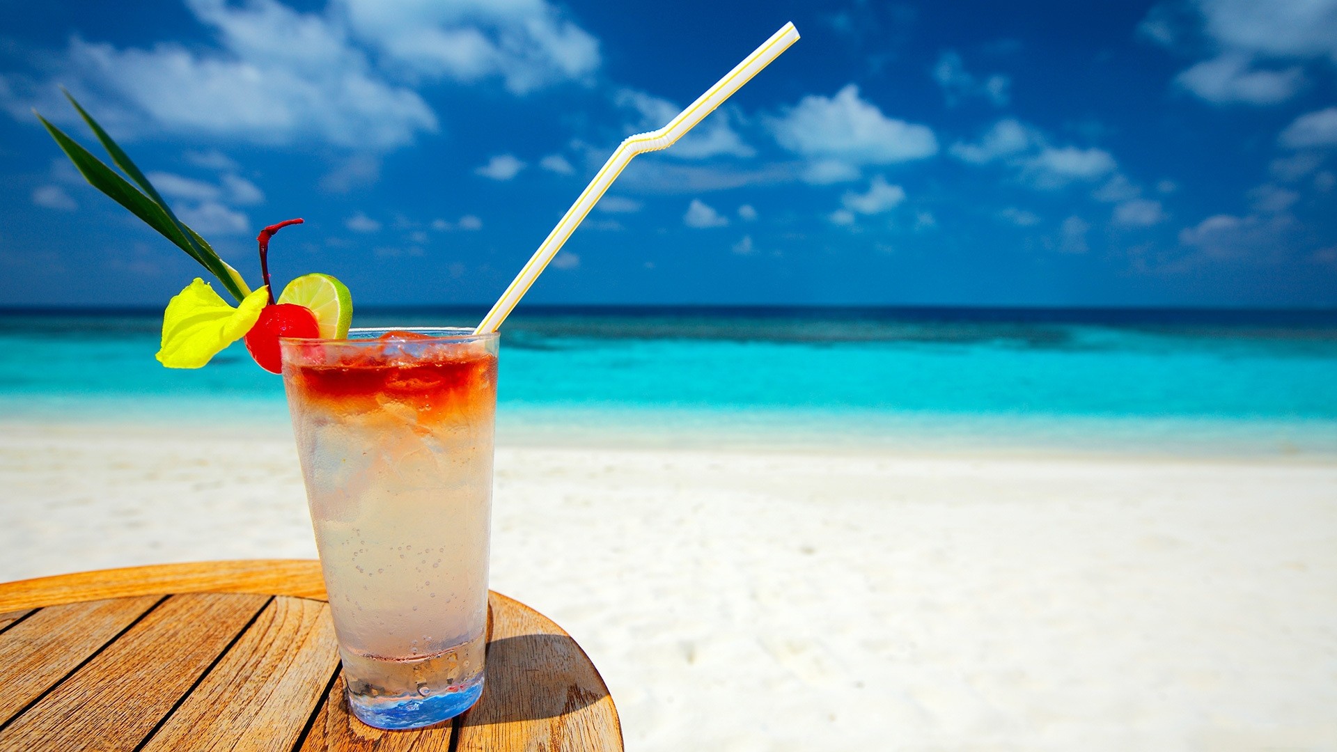 Tropical cocktail, Beach, Ocean, White sand, Drink, Summer, 16:9 Full HD, widescreen wallpaper