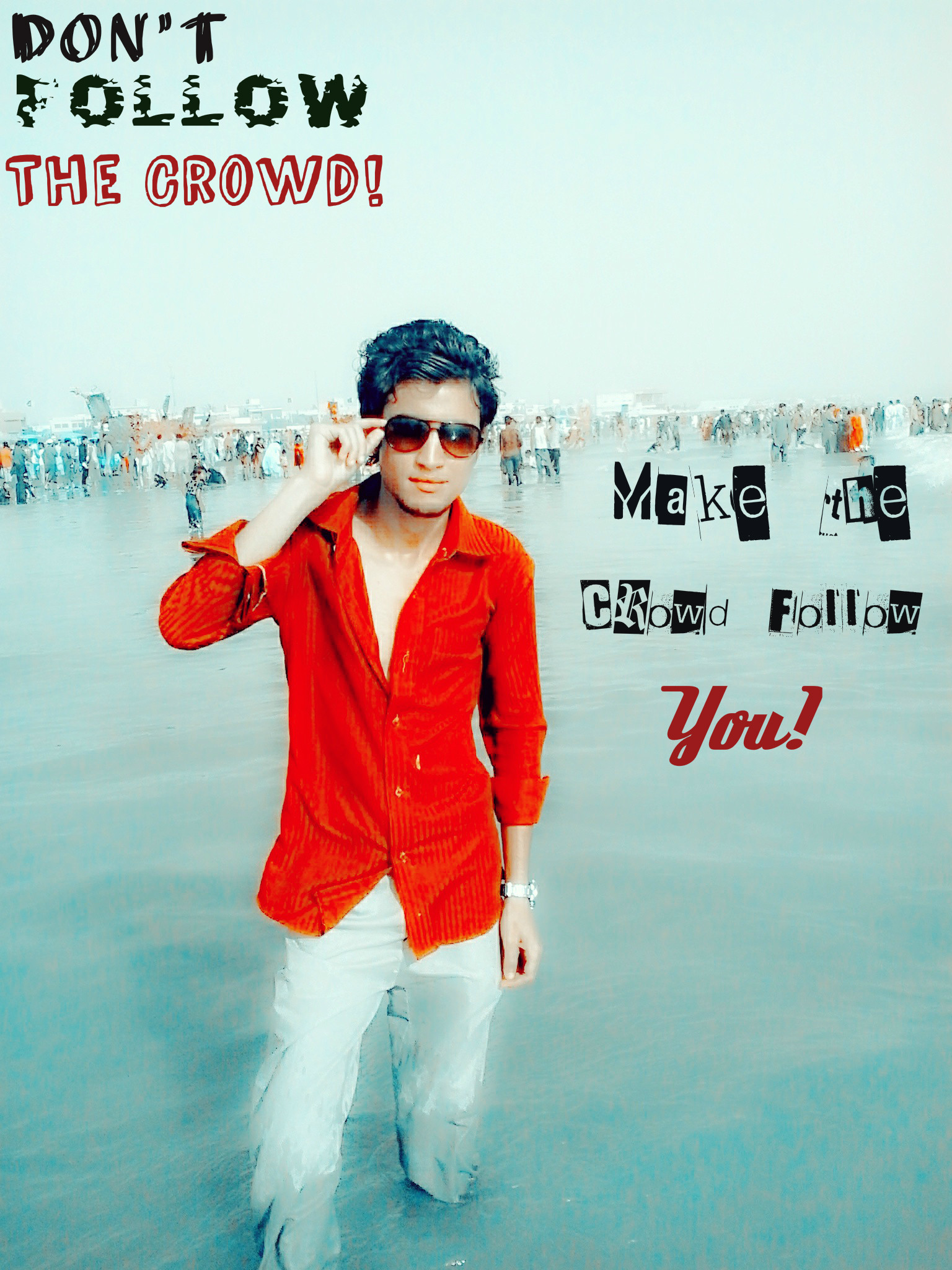 Emo boy, Don't follow the crowd, Red shirt, Quote, QHD+, iPad and tablet wallpaper