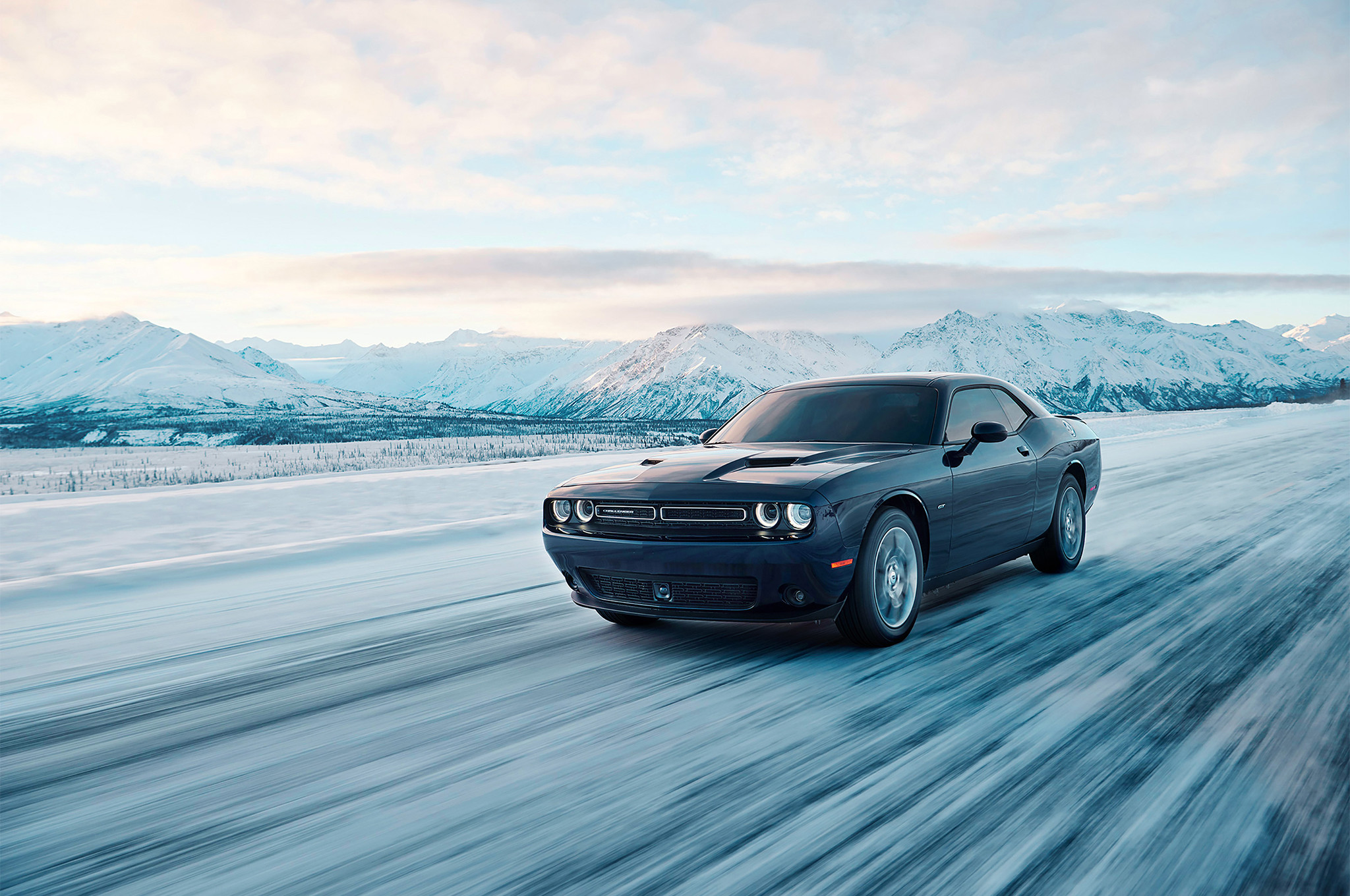 Dodge Challenger GT AWD, Blue car, Snowy road, Mountains, Full HD, Windows 11 wallpaper