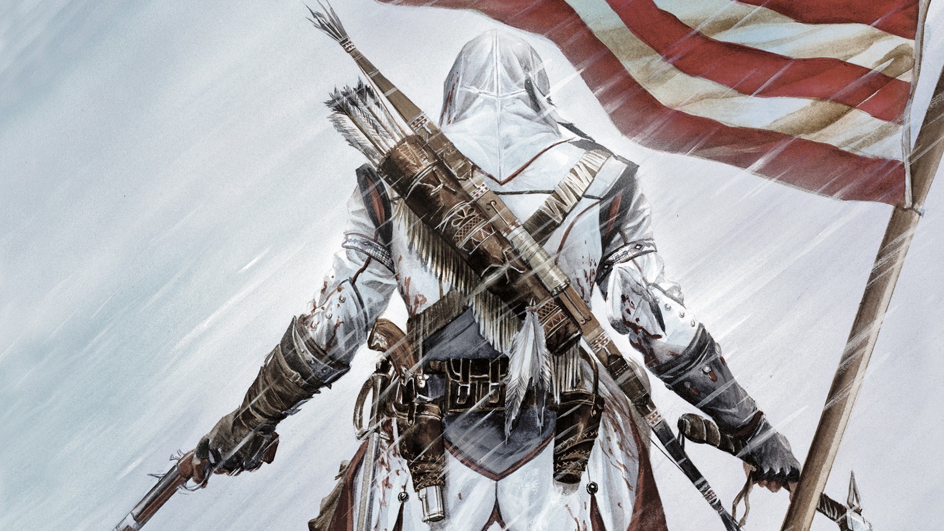 Connor Kenway, Assassin's Creed III, Back view, Quiver, American flag, Widescreen Full HD wallpaper