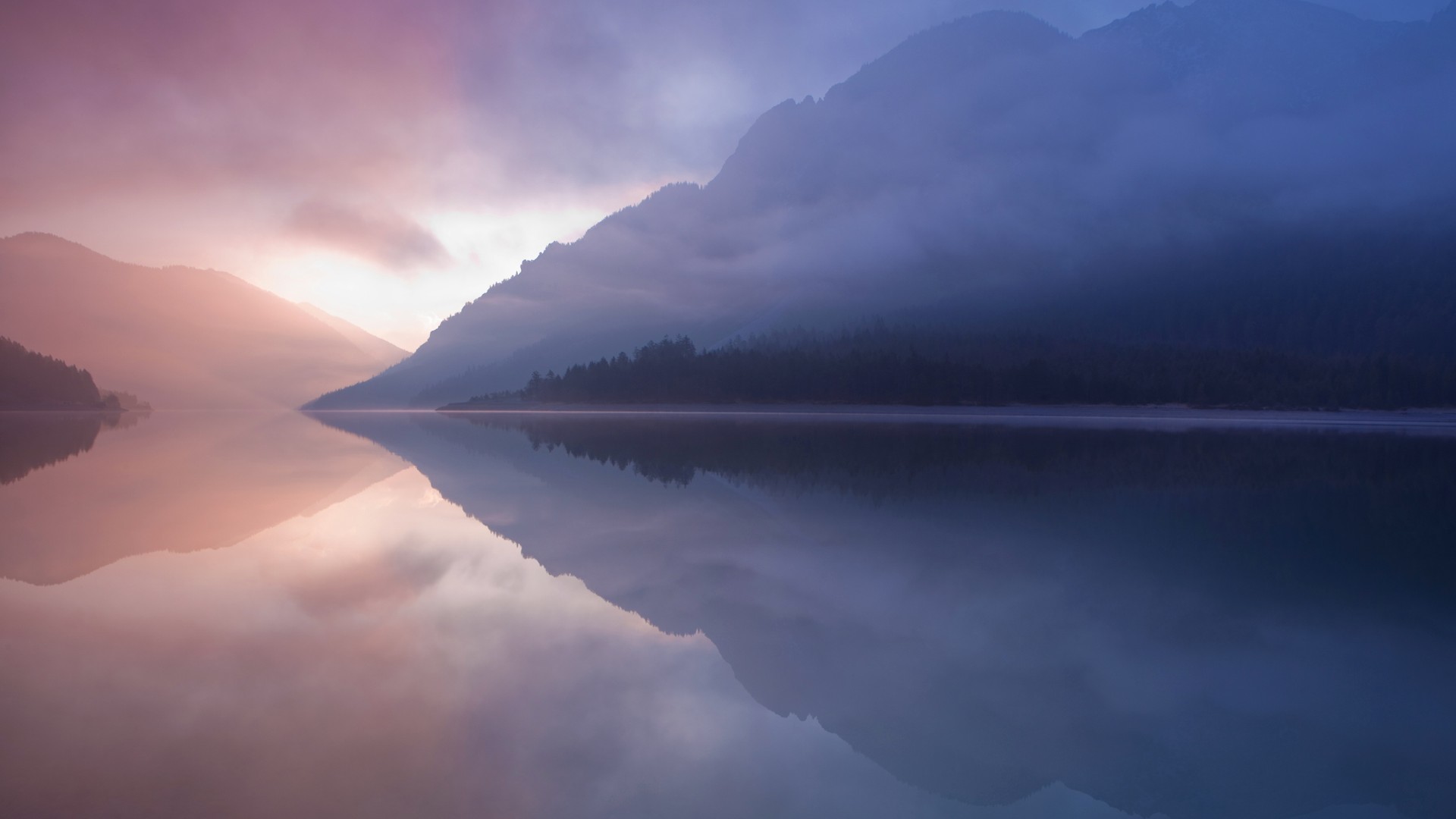 Mountain lake, Mist, Reflection, Pastel sky, Mac wallpaper
