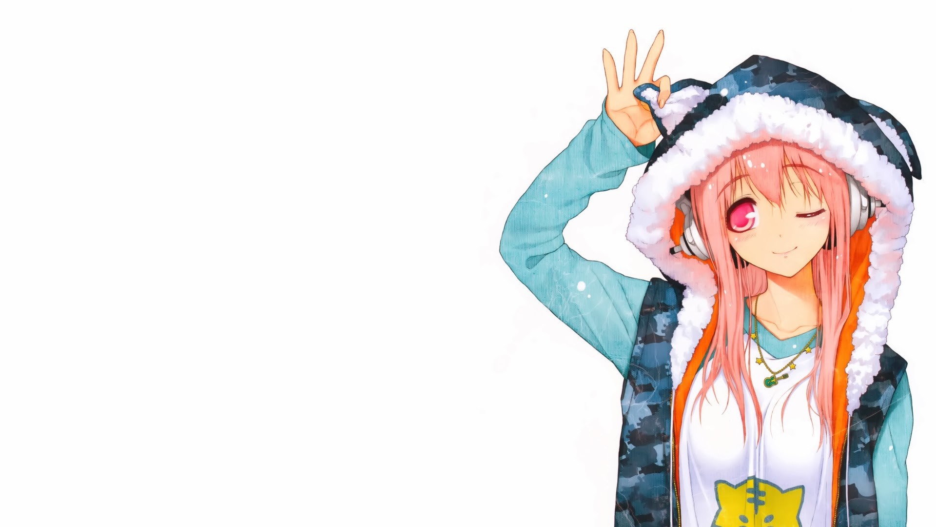 Cute Anime, Kigurumi, Hoodie, Pink hair, Winking, White background, desktop wallpaper