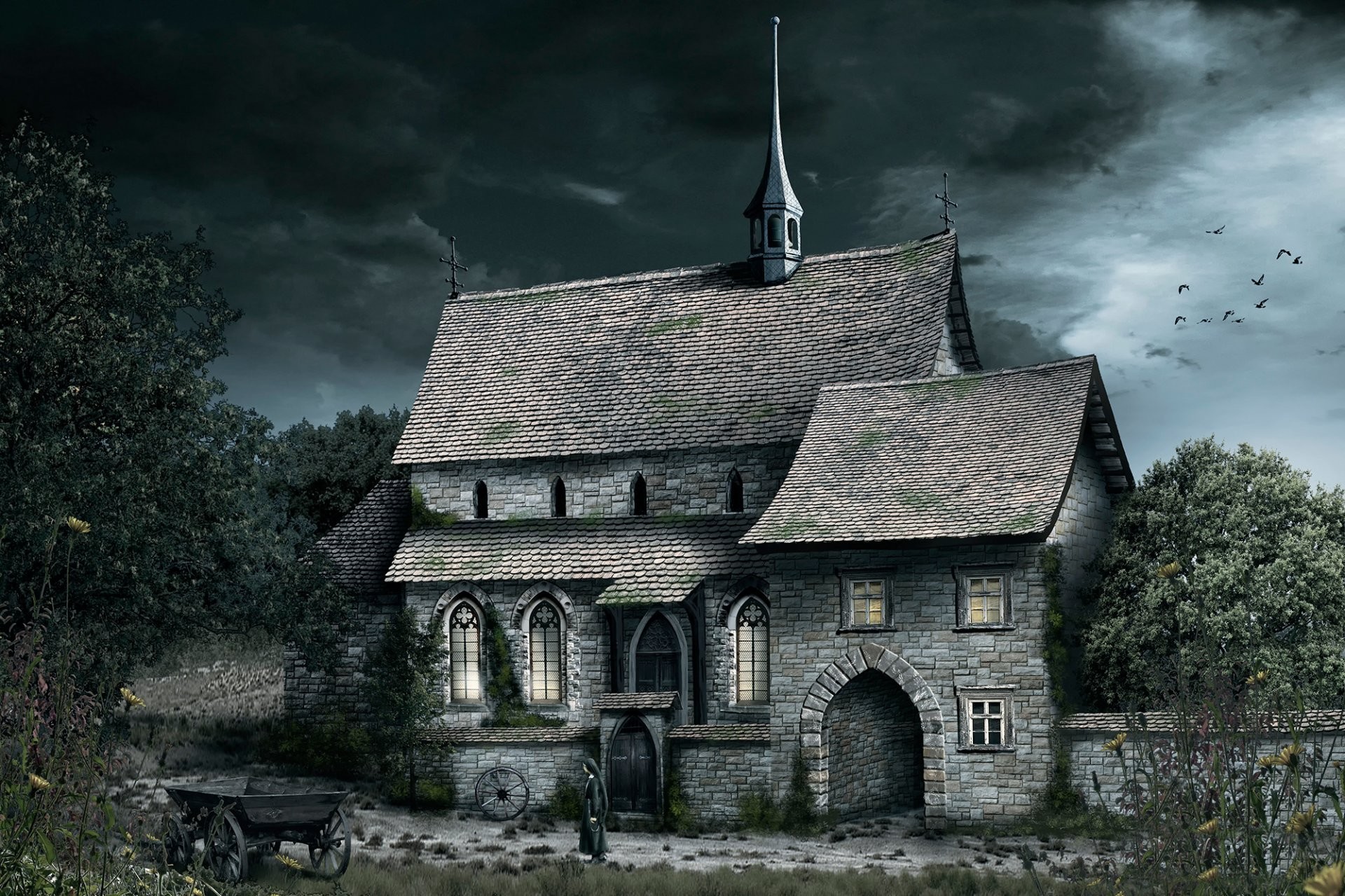 Gothic church, Medieval architecture, Dark art, Overcast sky, Cemetery, Full HD laptop wallpaper
