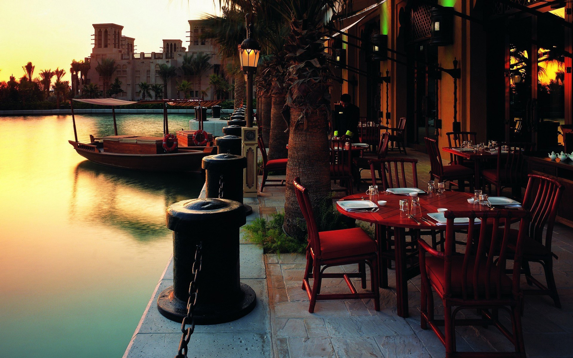 Waterfront cafe, Souk Madinat Jumeirah, Dubai, Sunset, Full HD, Windows 11 wallpaper