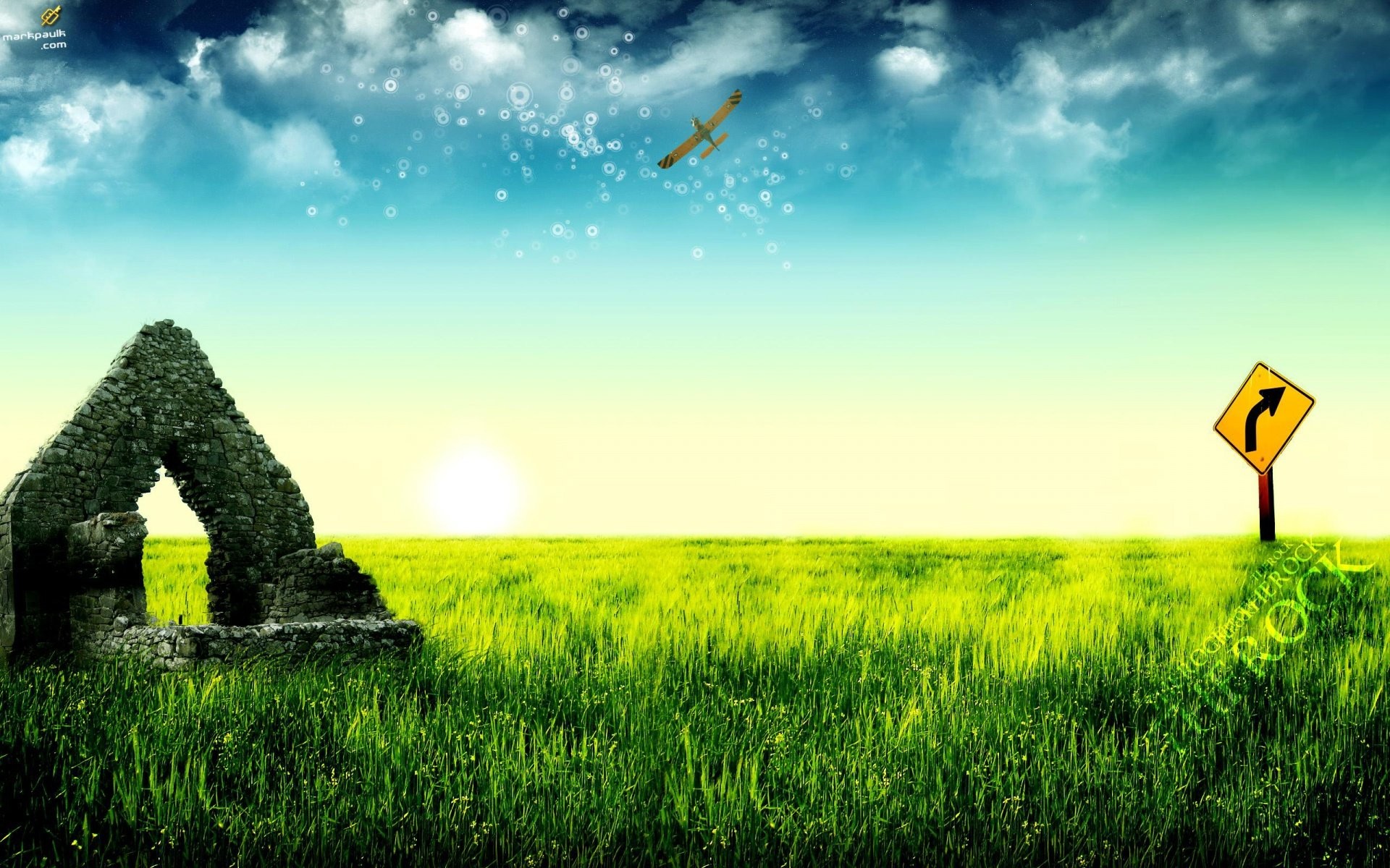 Grassland, Stone arch, Road sign, Sunrise, Surreal, Full HD, laptop background