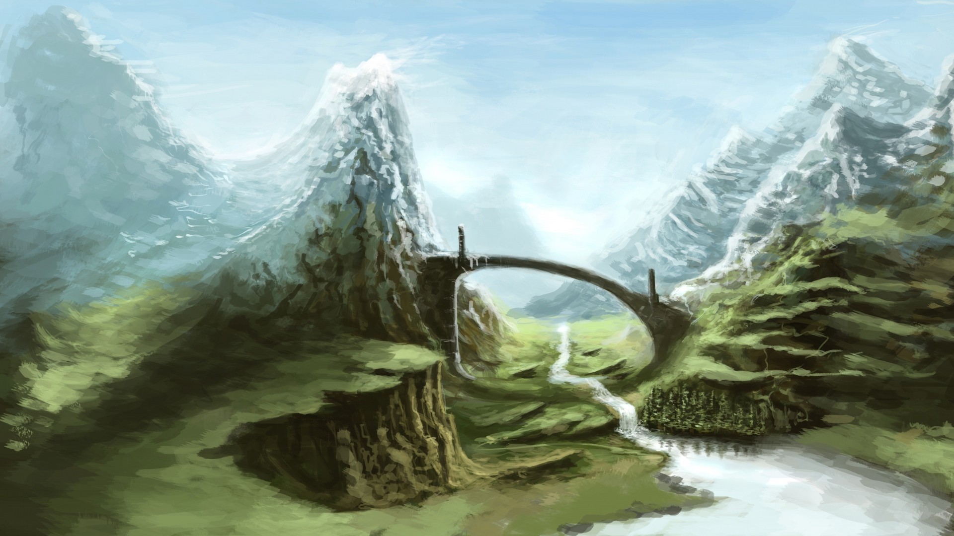 The Elder Scrolls V: Skyrim, Stone bridge, Alpine landscape, Waterfall, Snowy peaks, Digital painting, desktop wallpaper