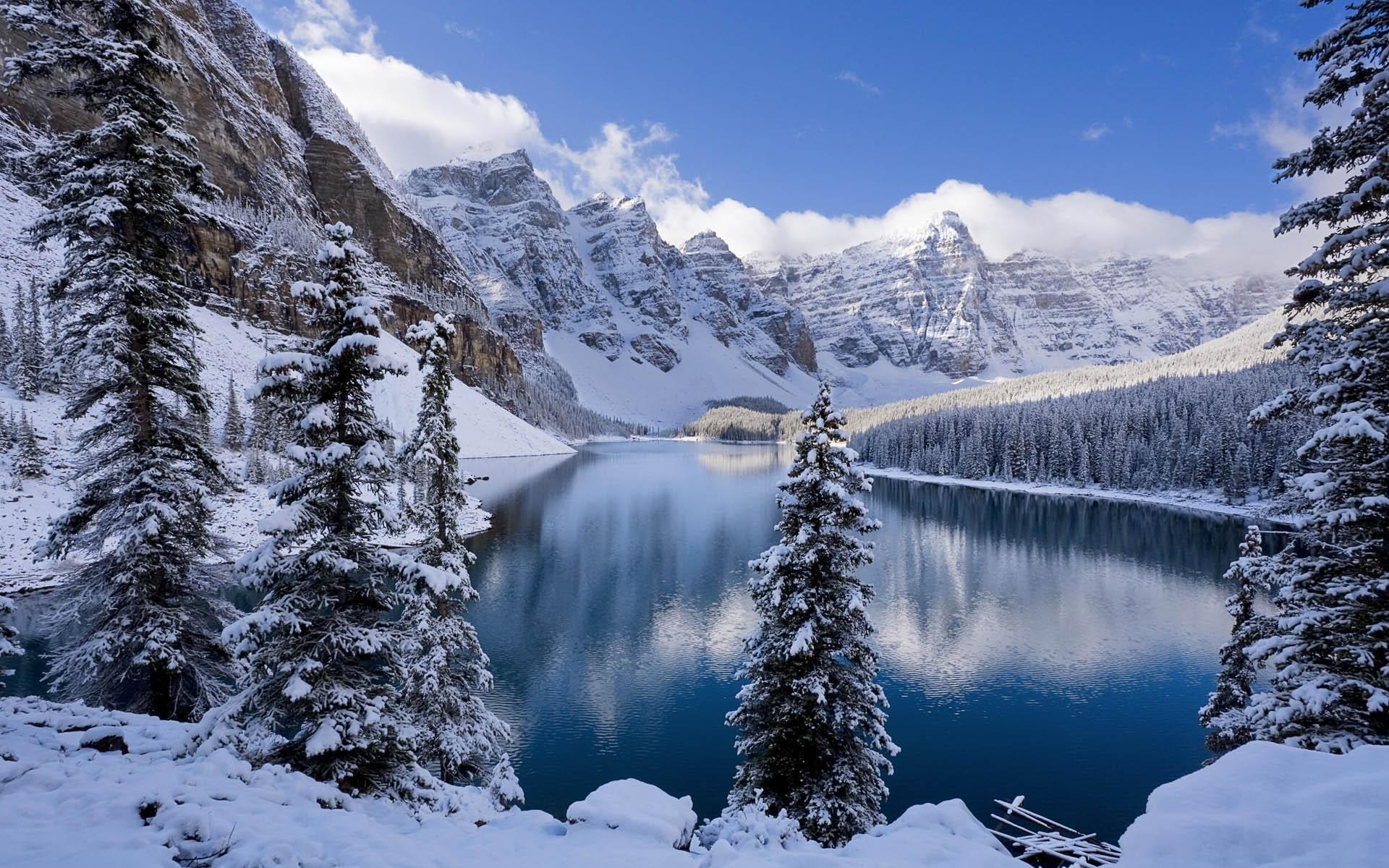 Moraine Lake, Banff National Park, Valley of the Ten Peaks, Alberta, Canada, Snow, Glacial lake, Full HD wallpaper