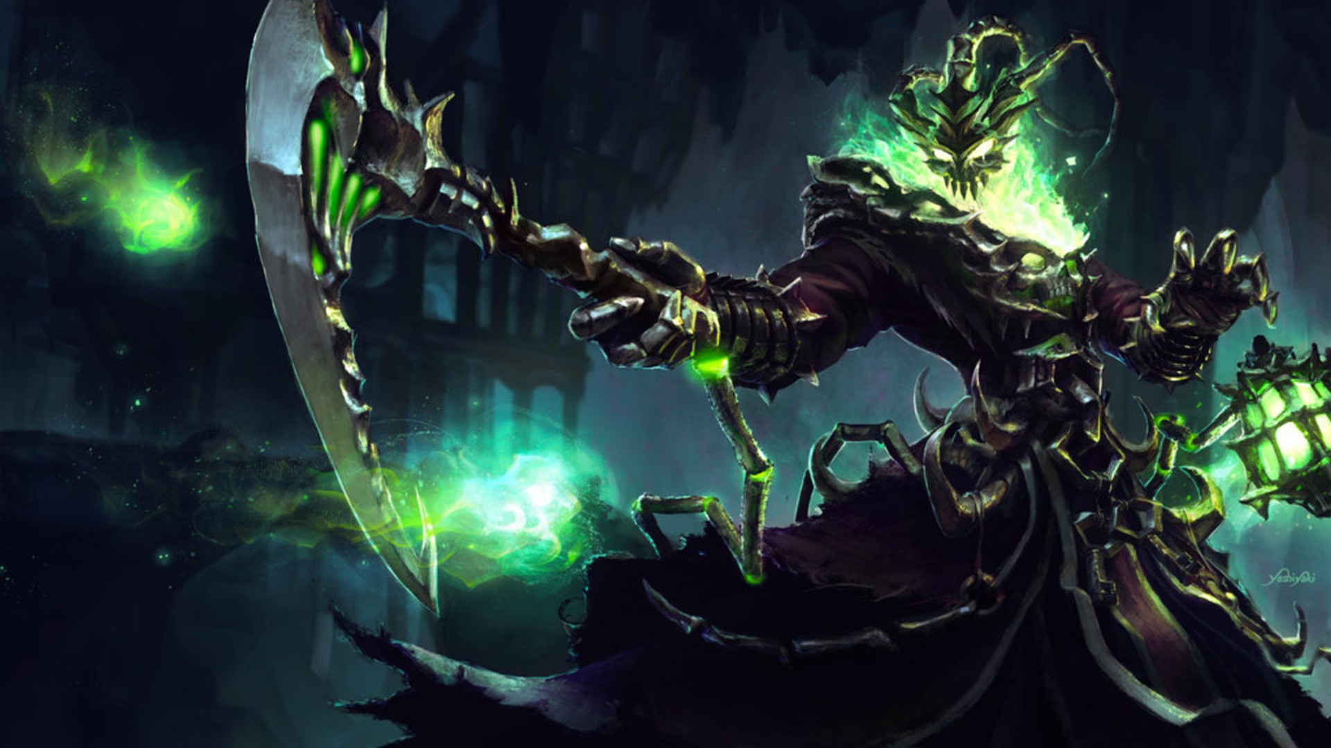 Thresh, League of Legends, Scythe, Shadow Isles, Lantern, Dark fantasy, Full HD laptop wallpaper