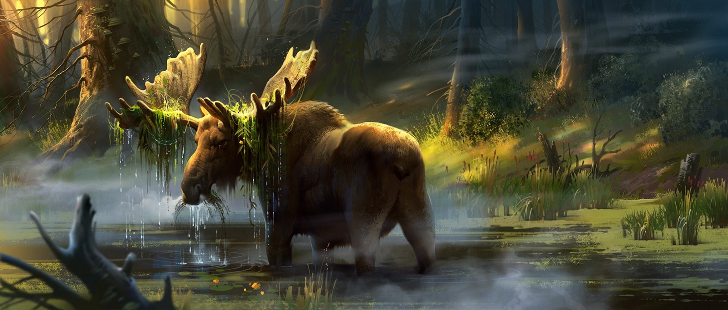 Moose, Feeding, Pond, Digital painting, 21:9 Full HD, widescreen wallpaper