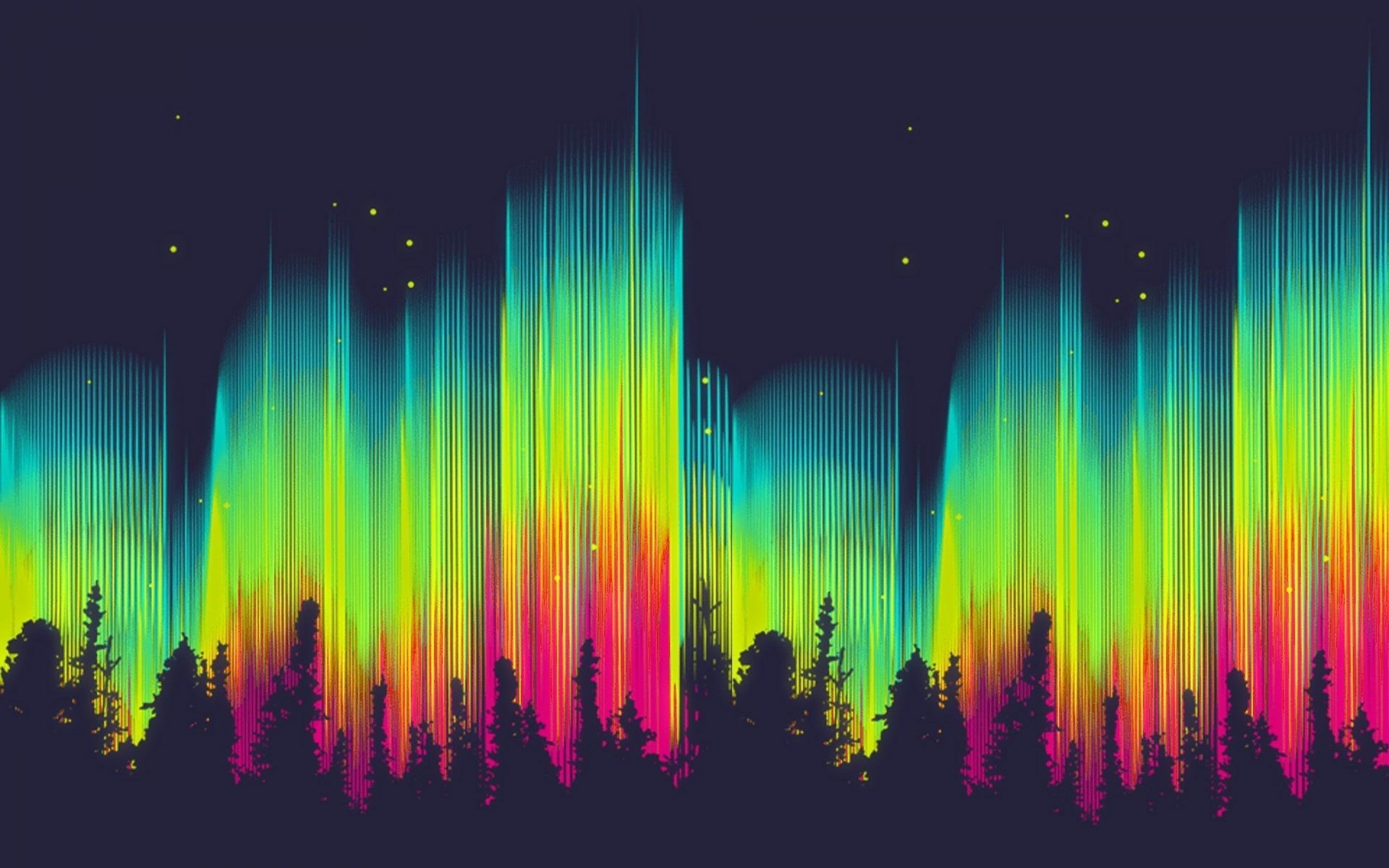 Aurora borealis illustration, Digital art, Pixel art style, Pine forest silhouette, Rainbow colors, Night sky, 2K background