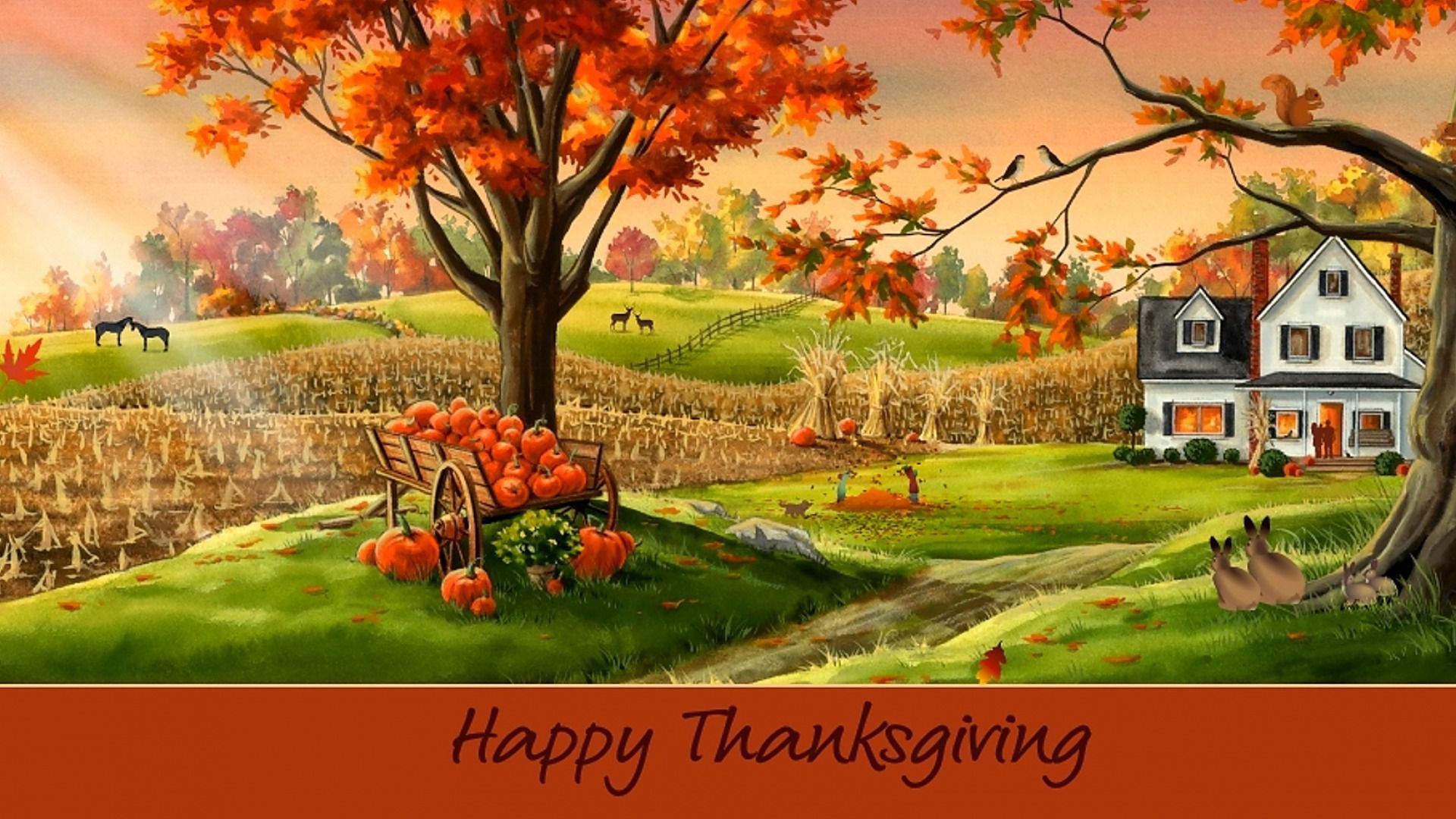 Happy Thanksgiving, Farm, Autumn tree, Country house, Painting, 1920x1080, desktop background
