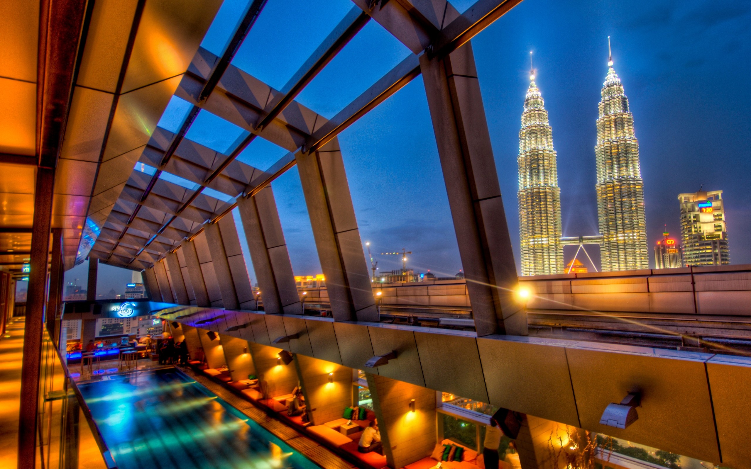 Petronas Towers, Kuala Lumpur, Rooftop pool, Night, 2K, wallpaper for PC