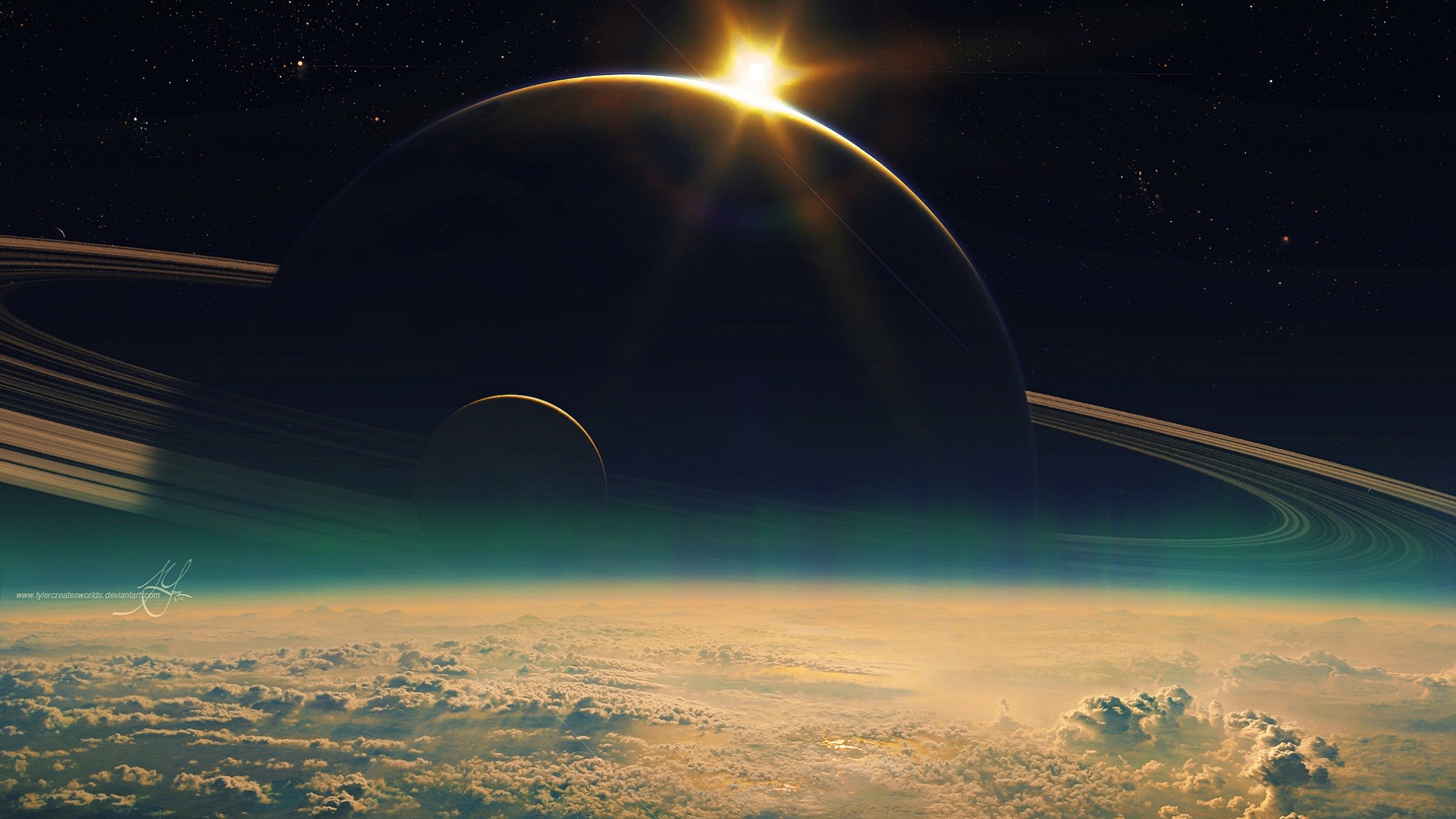 Saturn, Planetary rings, Earth atmosphere, Sunrise, Clouds, Sci-fi art, Full HD laptop wallpaper