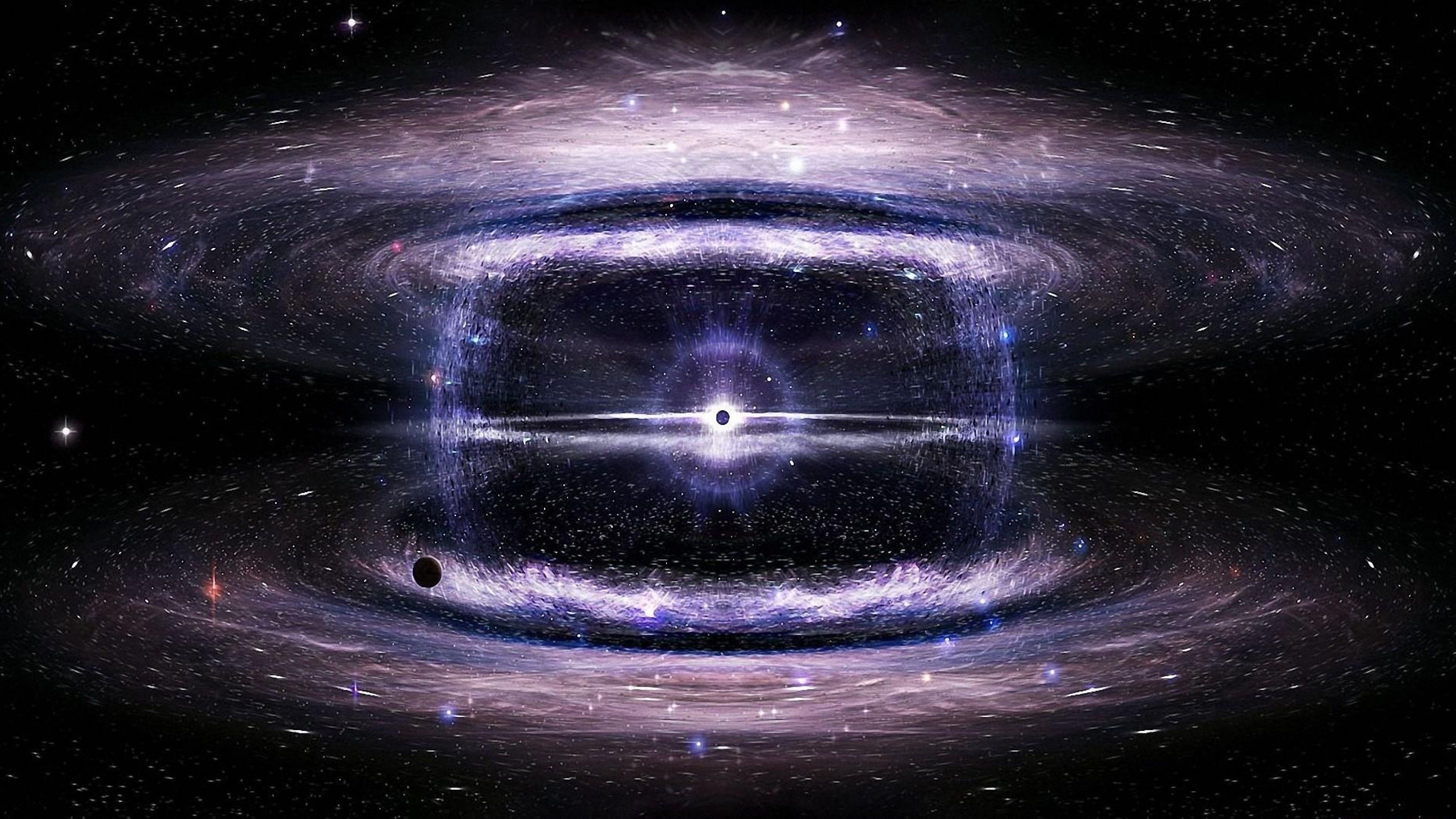 Black hole, Accretion disk, Galactic core, Cosmic dust, Deep space, Sci-fi art, Purple hue, Ultra HD wallpaper