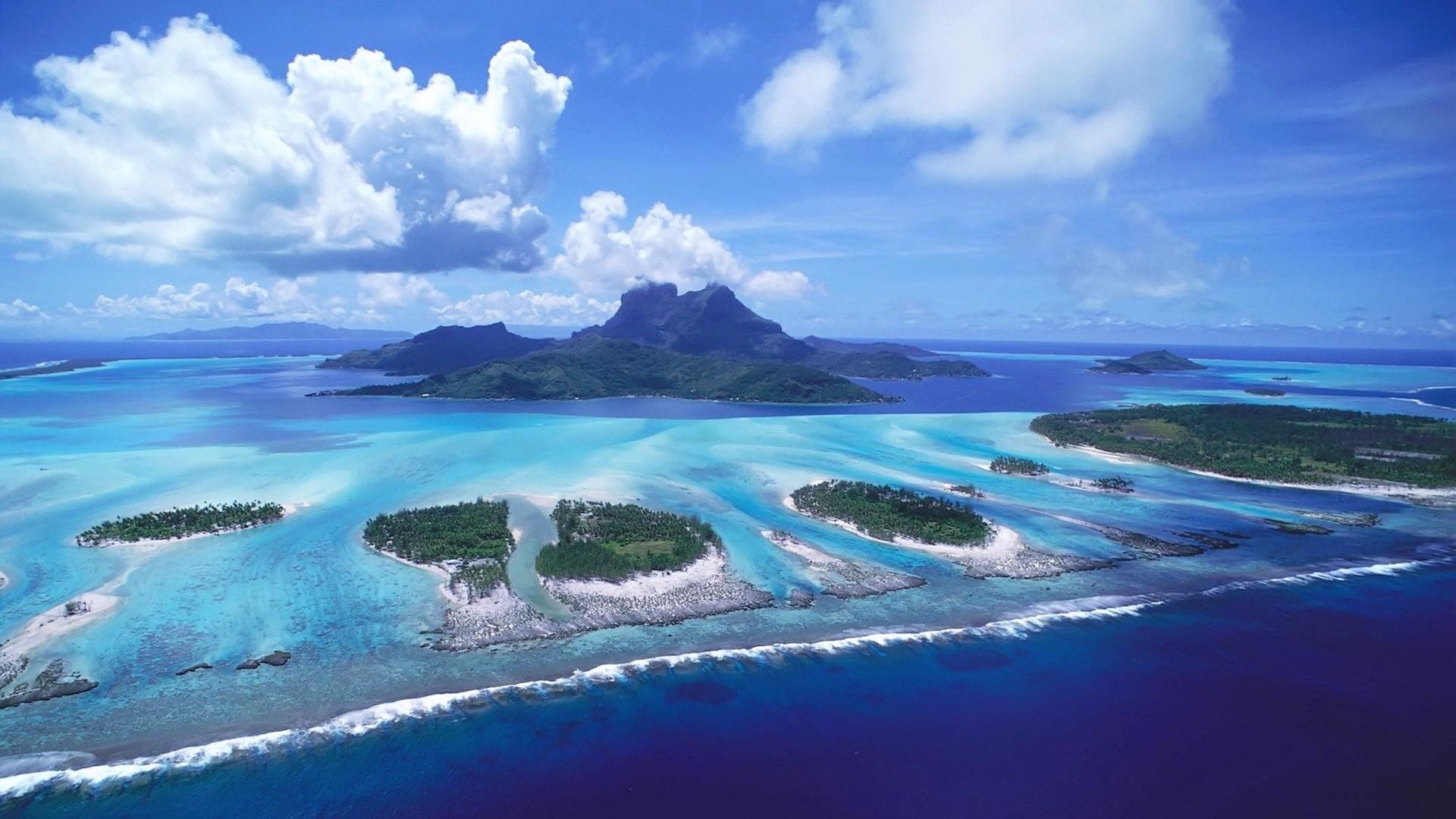 Bora Bora, Lagoon, Islands, Aerial view, Turquoise sea, 16:9 Full HD, widescreen wallpaper