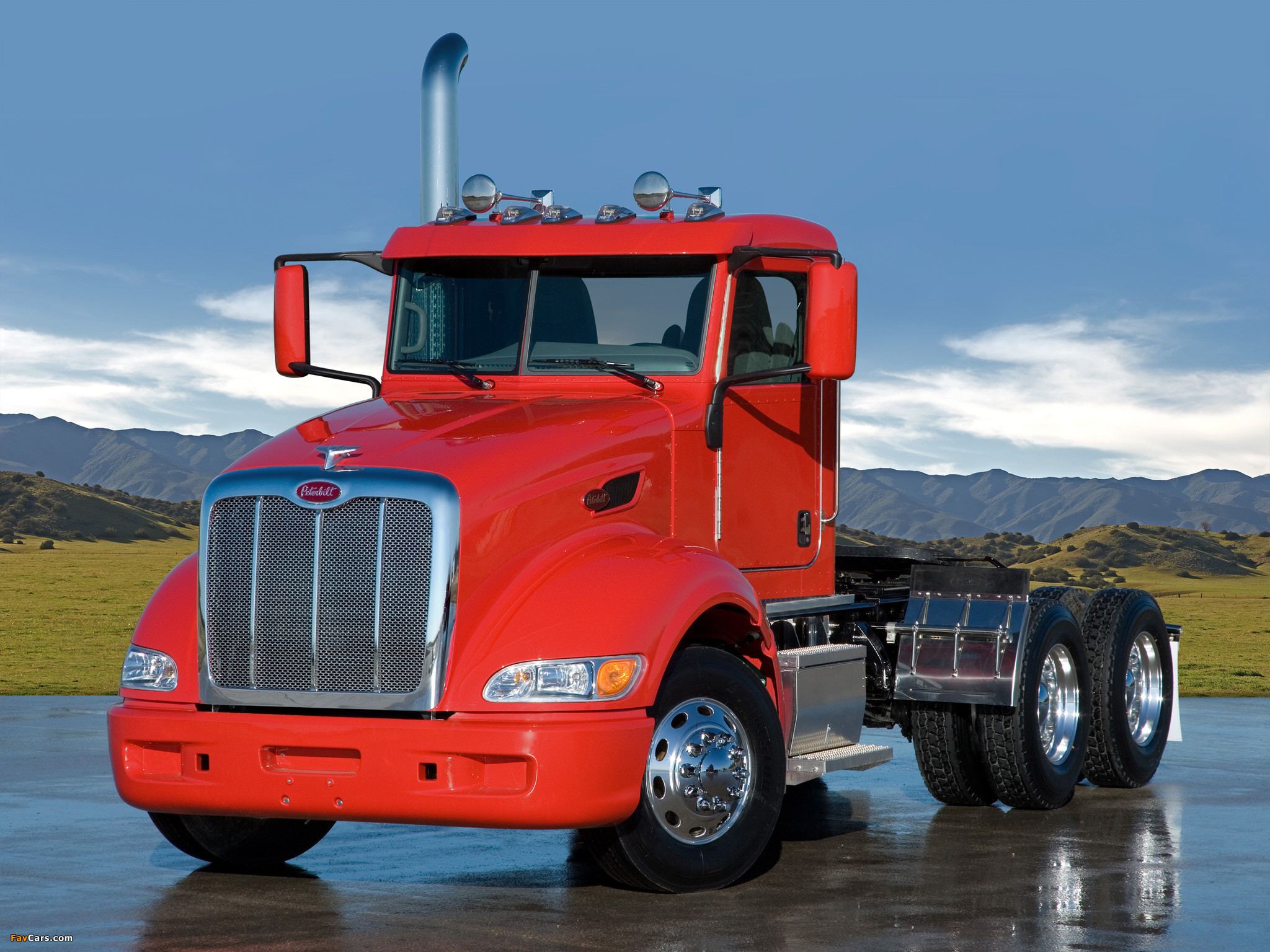 Peterbilt 384, Red truck, Day cab, Mountains, wallpaper for iPad and tablet