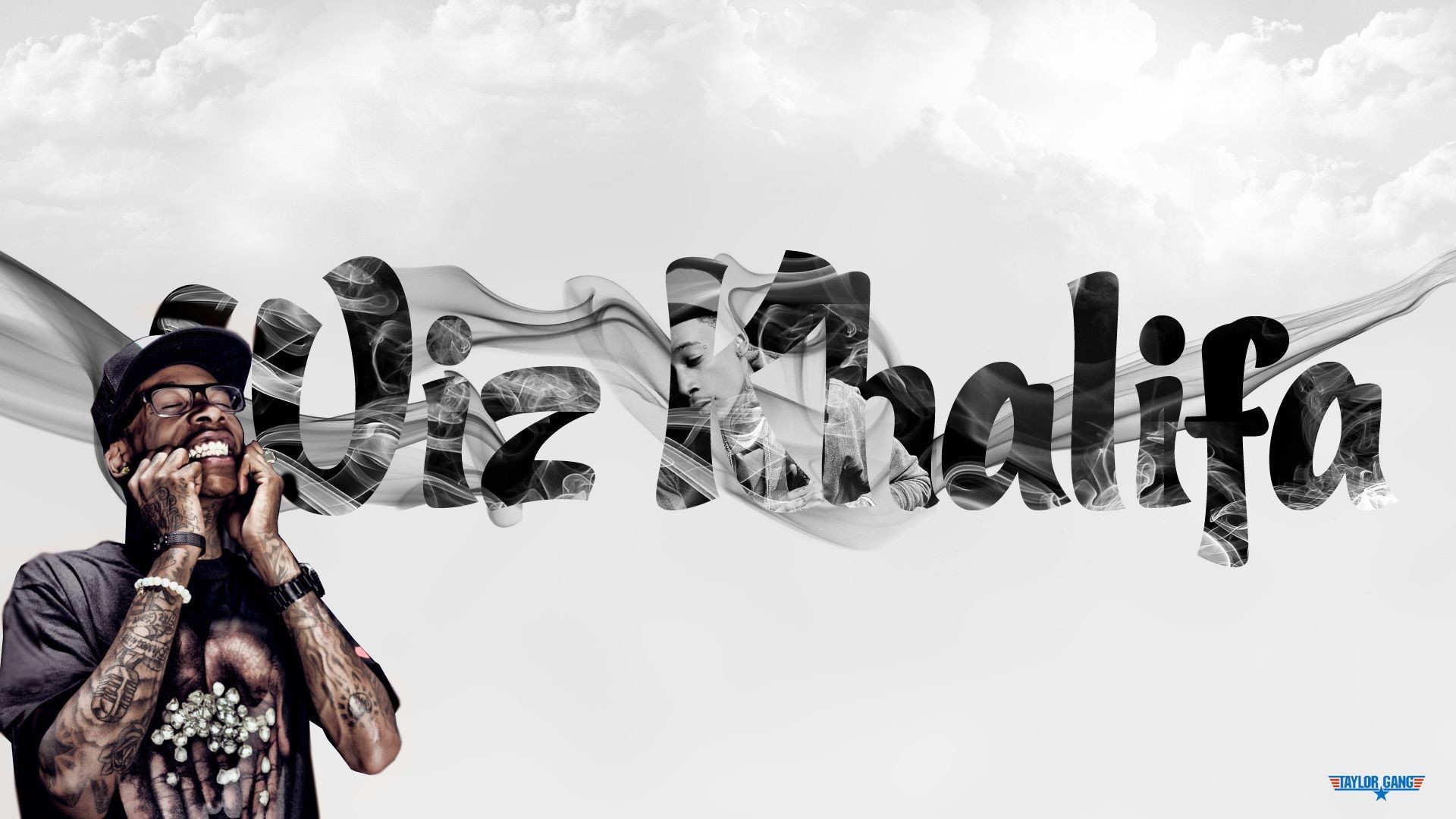 Wiz Khalifa, Name lettering, Smoke typography, Black and white, Full HD, desktop wallpaper