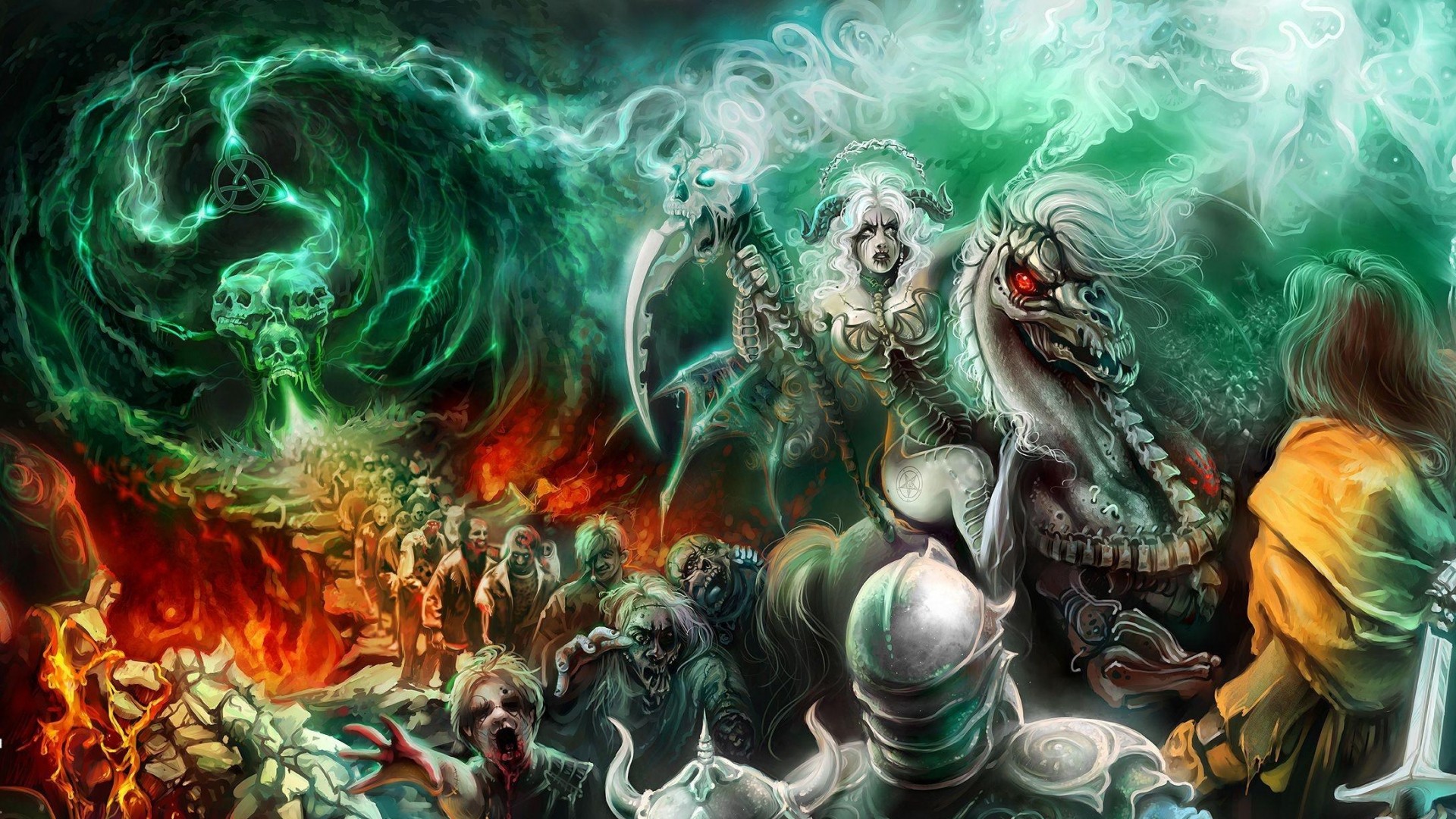 Necromancer, Undead army, Skeleton horse, Dark fantasy, 1920x1080, desktop background