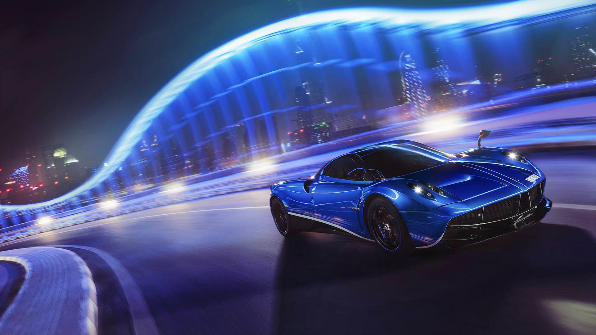 Pagani Huayra, Blue, Light trails, Night, Full HD 1080p, desktop wallpaper
