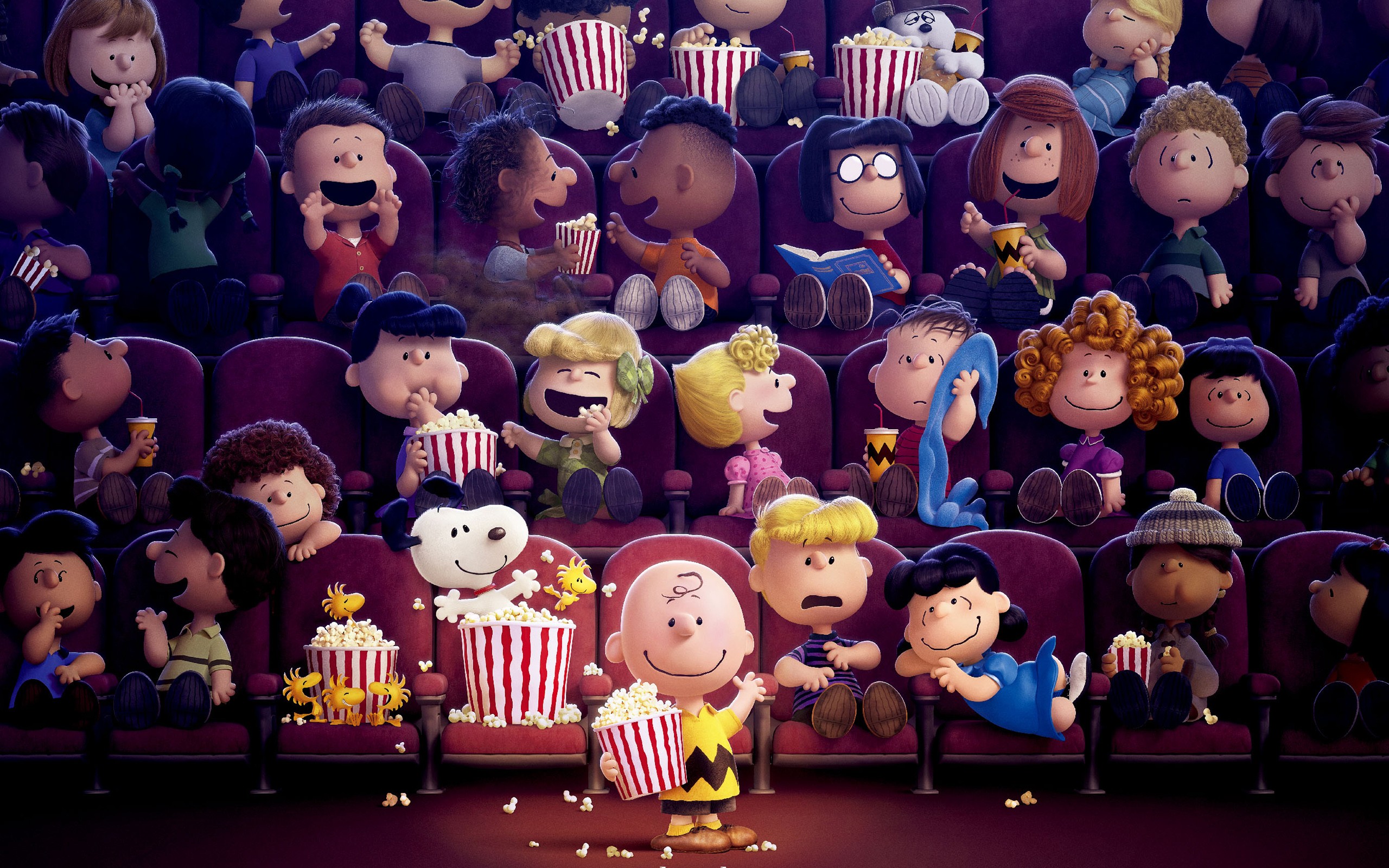 The Peanuts Movie, Charlie Brown, Snoopy, Linus van Pelt, Peanuts, Movie theater, Popcorn, 1600p wallpaper