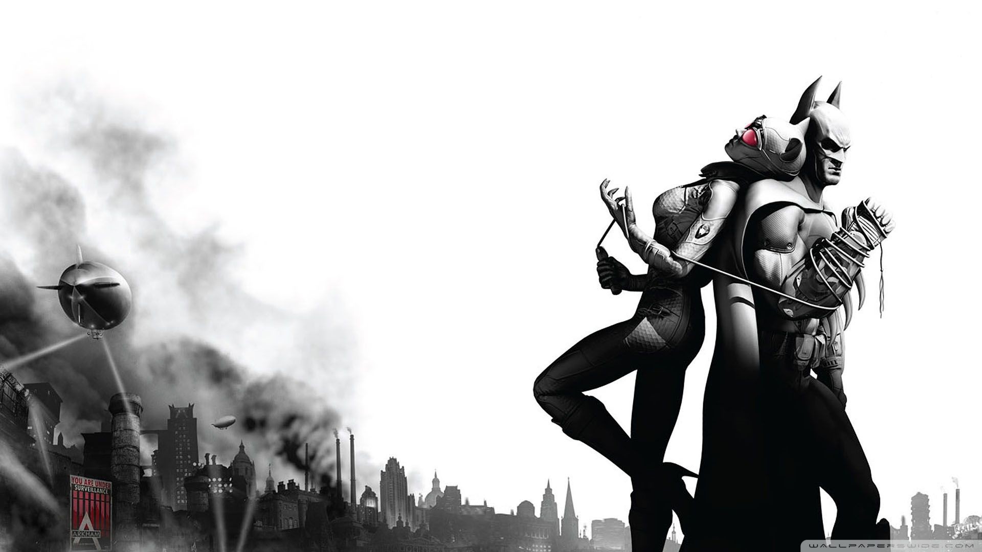 Batman, Catwoman, Batman: Arkham City, Skyline, Monochrome, Full HD, desktop wallpaper