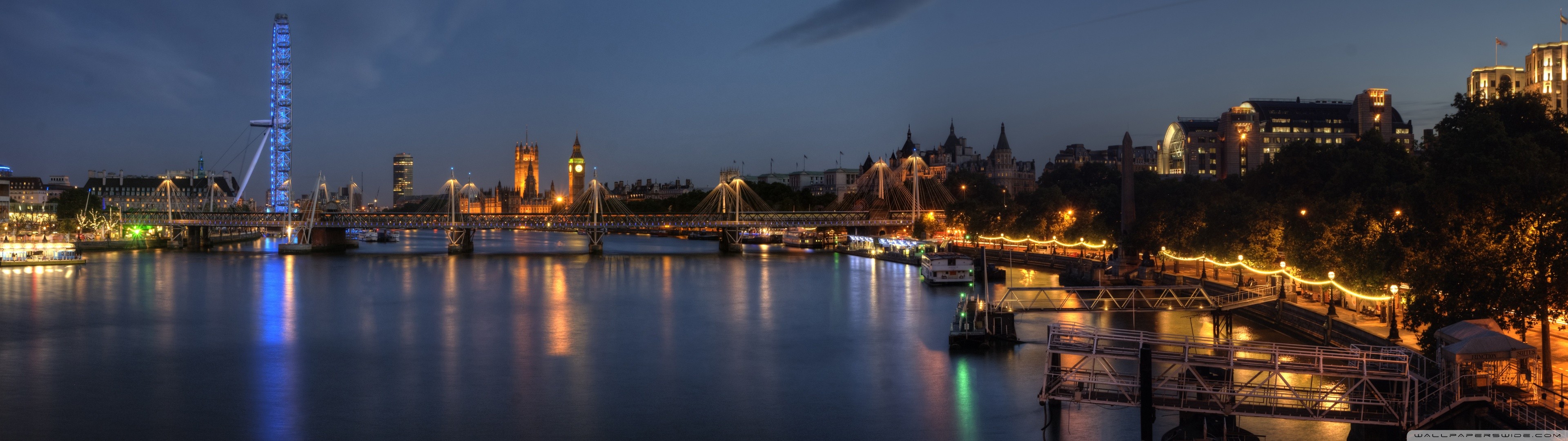 River Thames, Palace of Westminster, Big Ben, Hungerford Bridge, London, Night, Cityscape, Dual Monitor