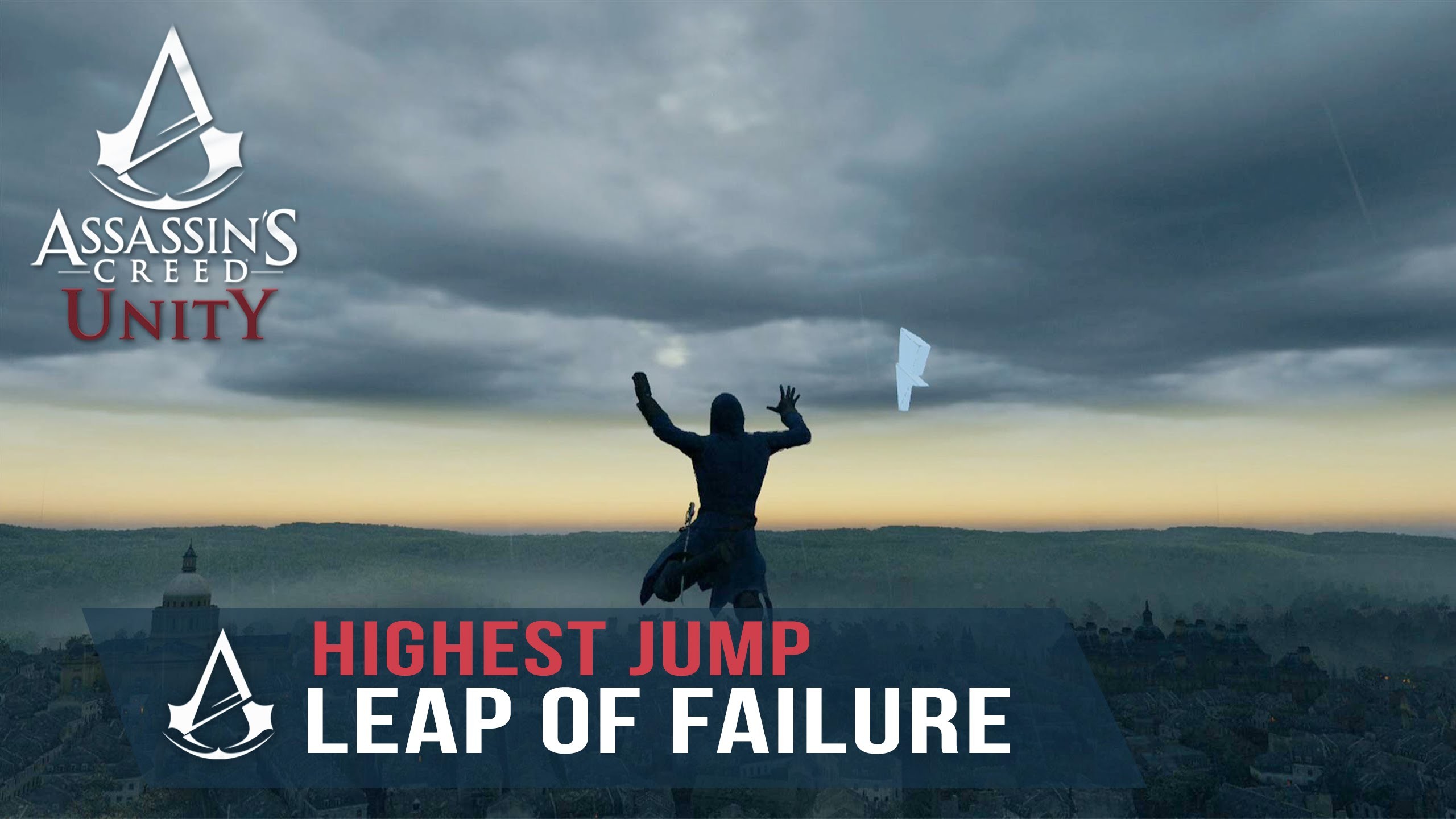 Assassin's Creed Unity, Leap of Failure, Highest jump, Cloudy sky, 2K desktop background