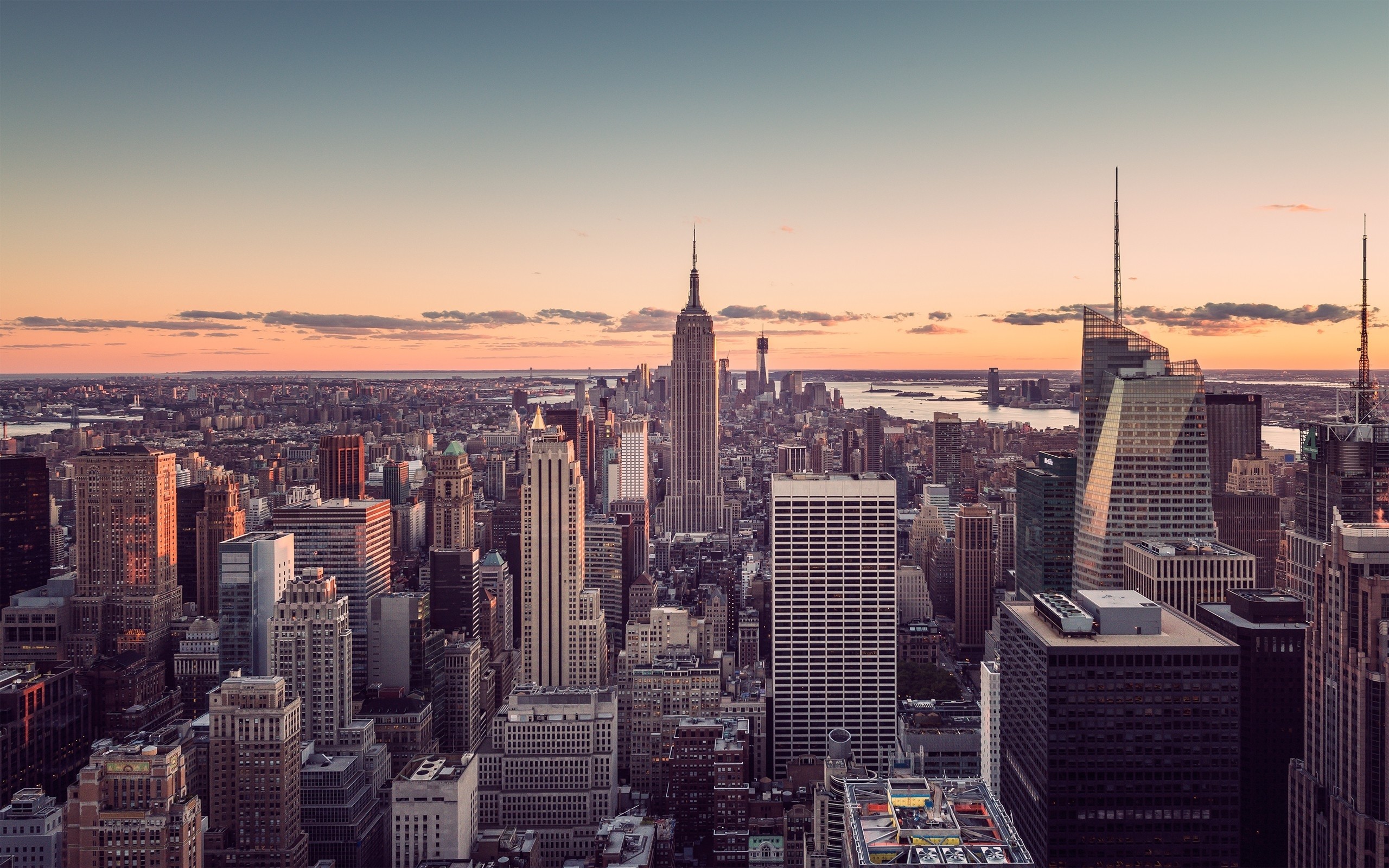 Empire State Building, Manhattan, New York City, Midtown Manhattan, Aerial view, Skyscrapers, Cityscape, Dusk, desktop background