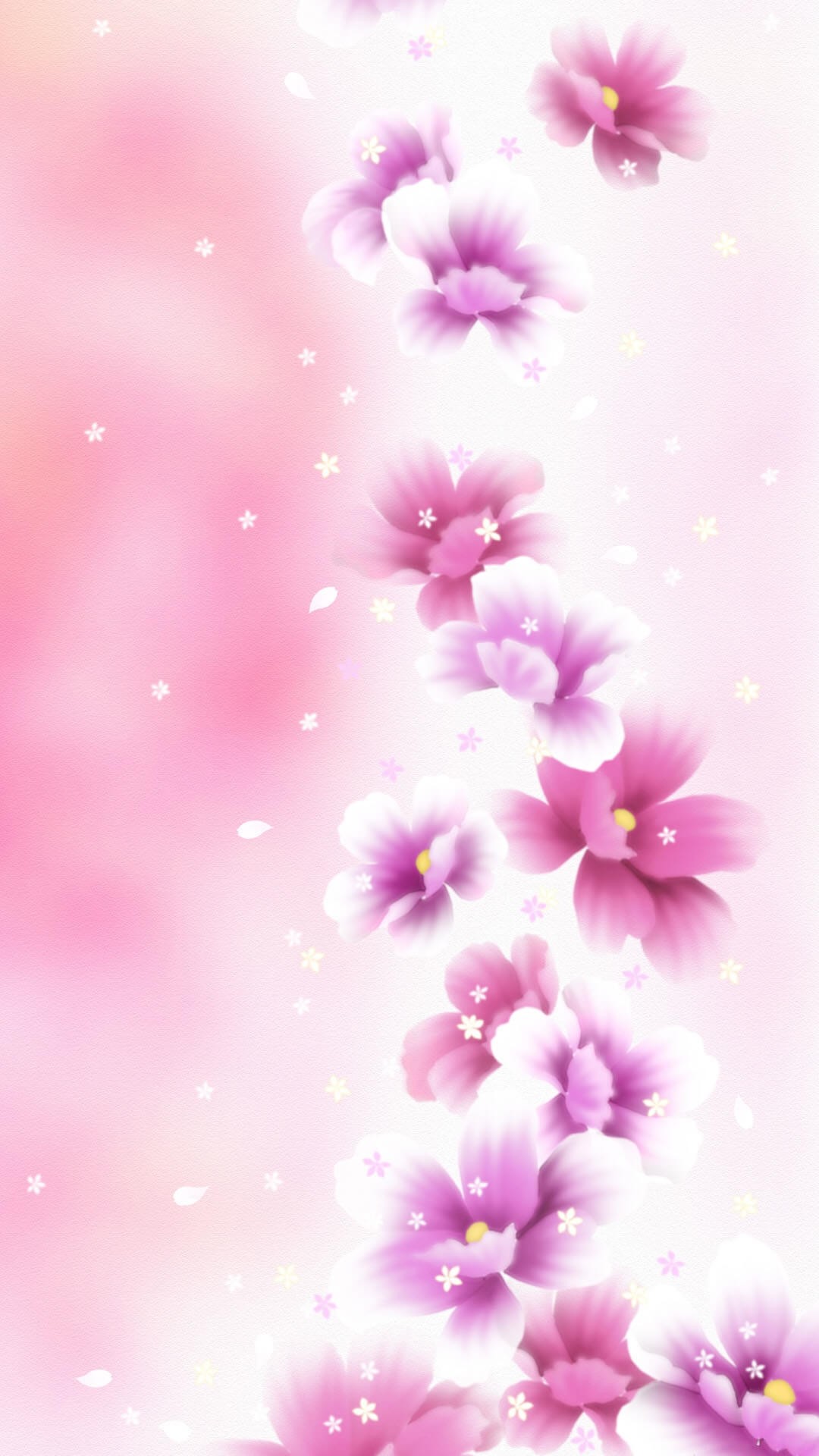 Flowers, Purple flowers, Floral border, Pink background, Illustration, vertical phone wallpaper