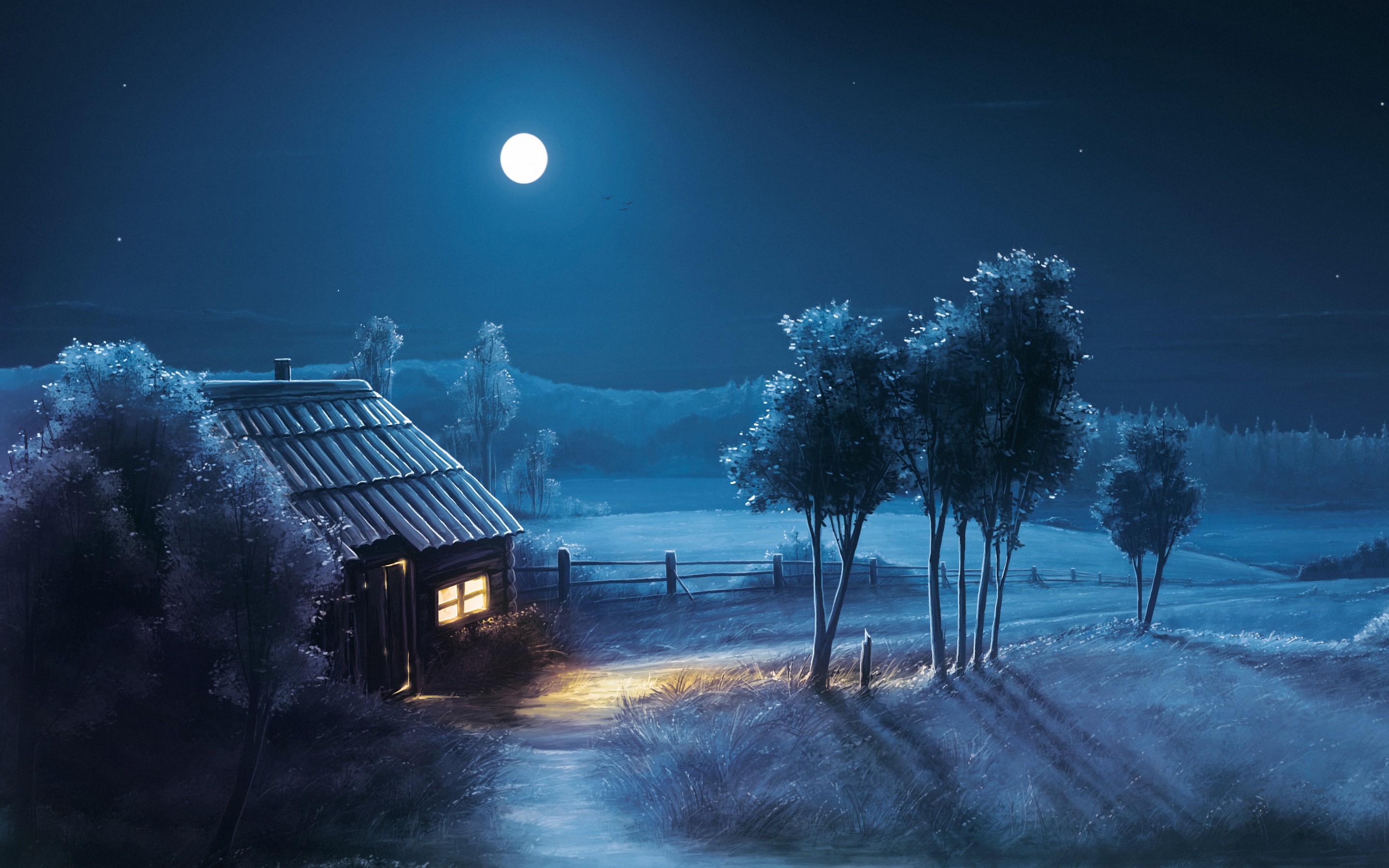 Moonlit cottage, Full moon, Night landscape, Trees, Digital painting, 2880x1800 desktop background