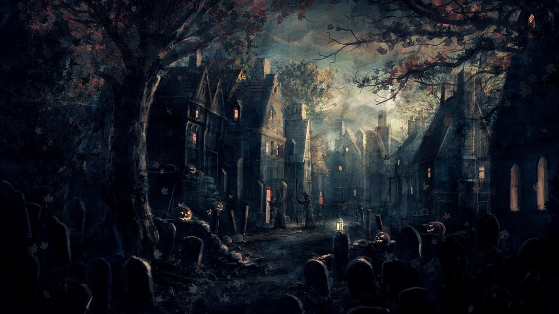 Spooky village, Haunted street, Graveyard, Fog, Old town, Dark art, Halloween, desktop wallpaper