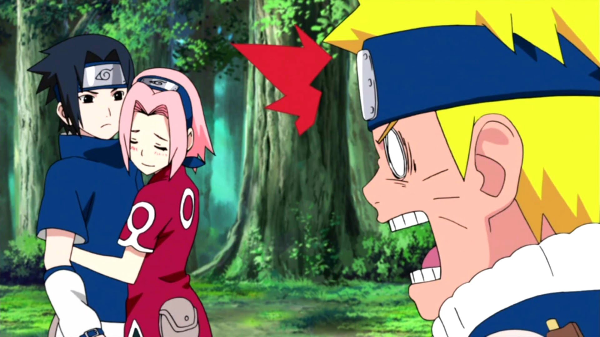 Naruto Uzumaki, Sasuke Uchiha, Sakura Haruno, Naruto, Jealousy, Forest, 1080p desktop wallpaper