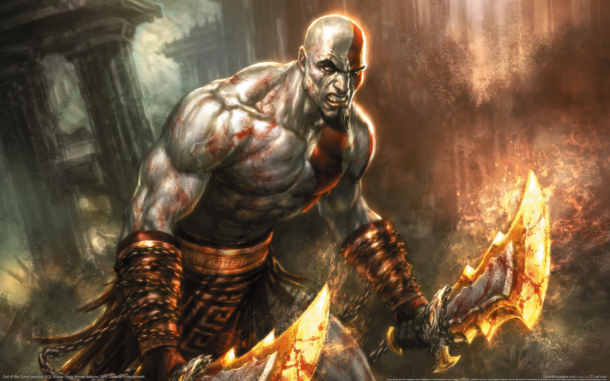 Kratos, Blades of Chaos, God of War, Fire, 16:10 2K, widescreen wallpaper