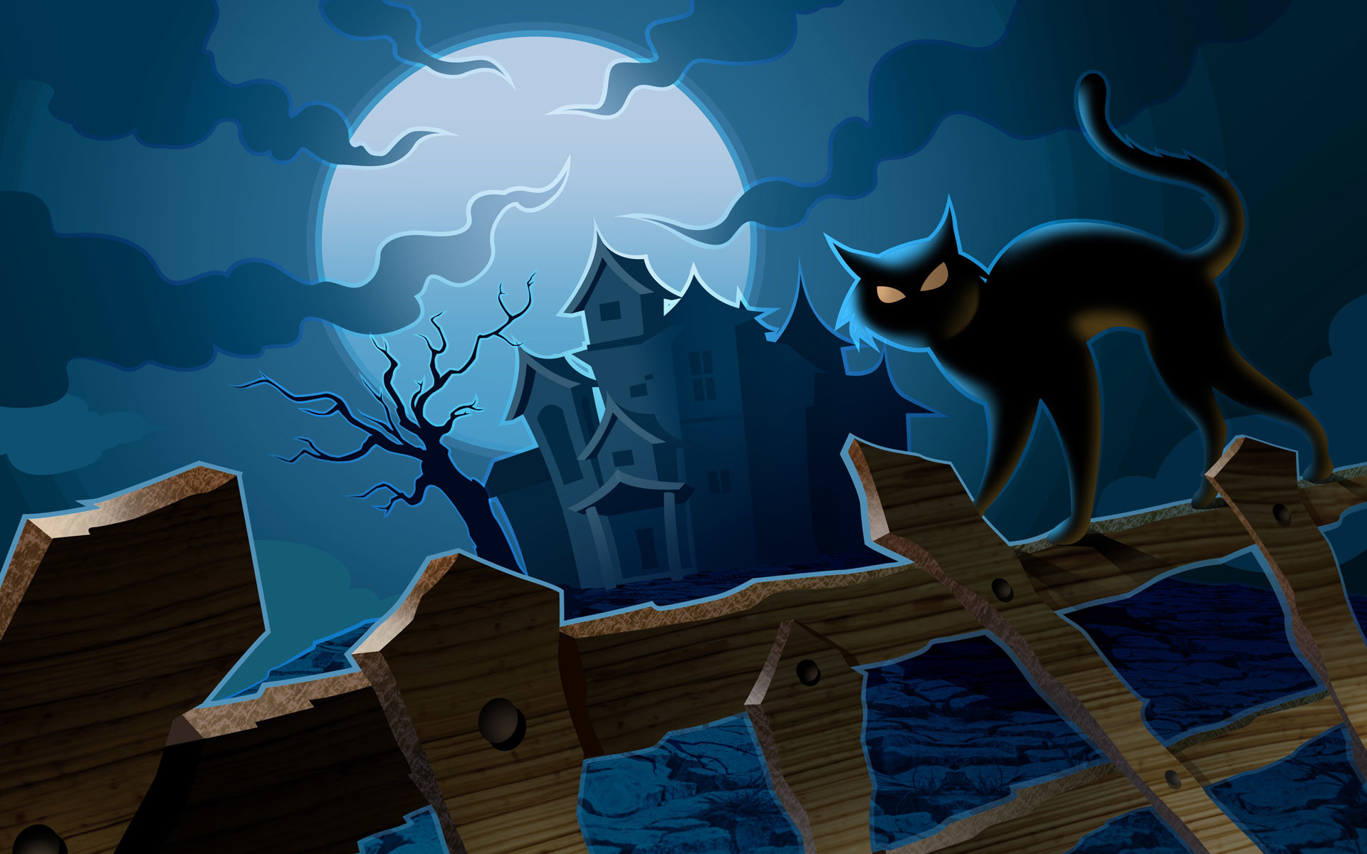 Haunted house, Black cat, Full moon, Halloween, Spooky, Cartoon, Full HD desktop wallpaper