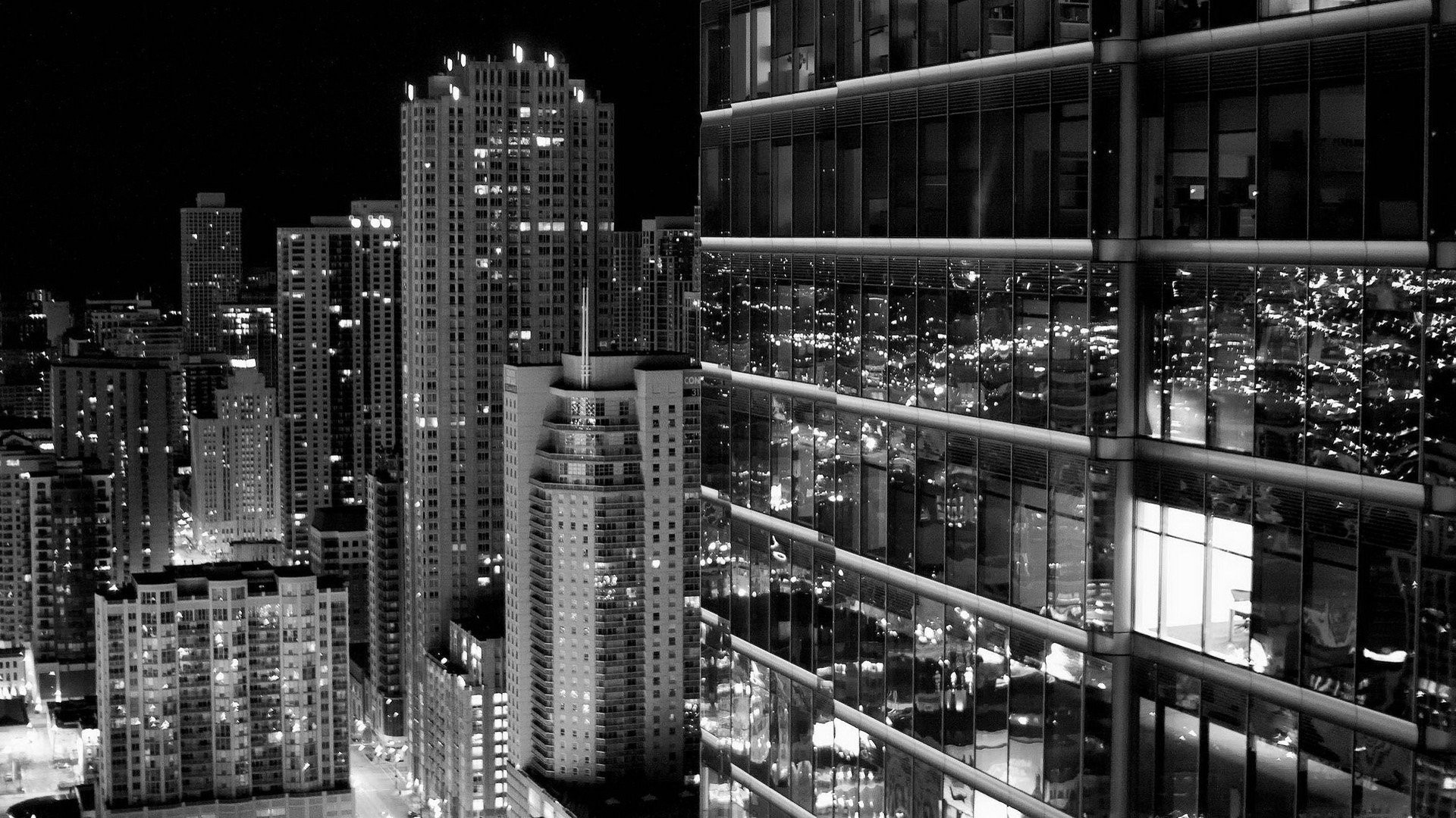 Cityscape, Skyscrapers, Urban, Night, Architecture, Monochrome, Black and white, Full HD wallpaper