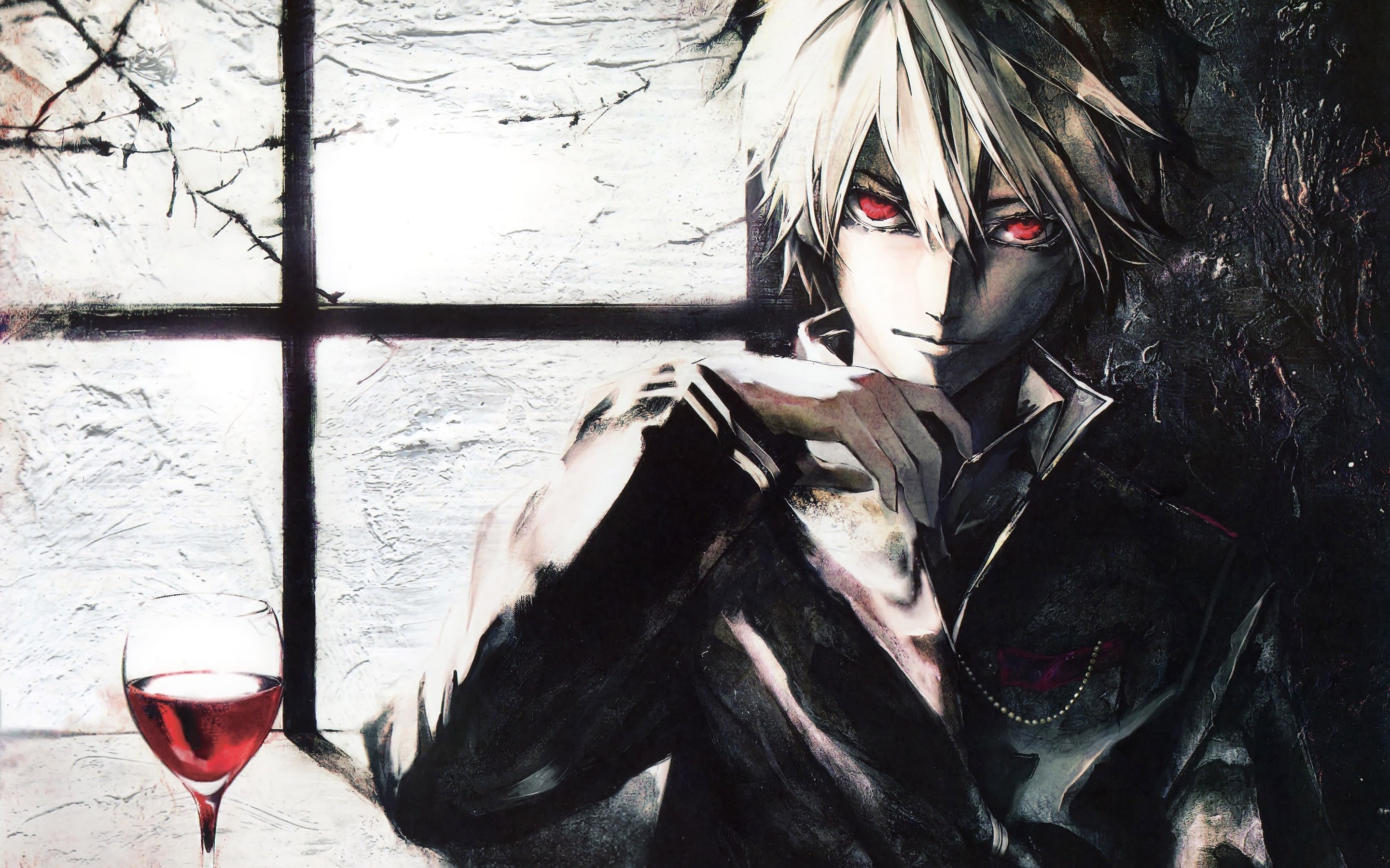 Anime boy, White hair, Red eyes, Wine glass, Gothic, 2K, desktop wallpaper