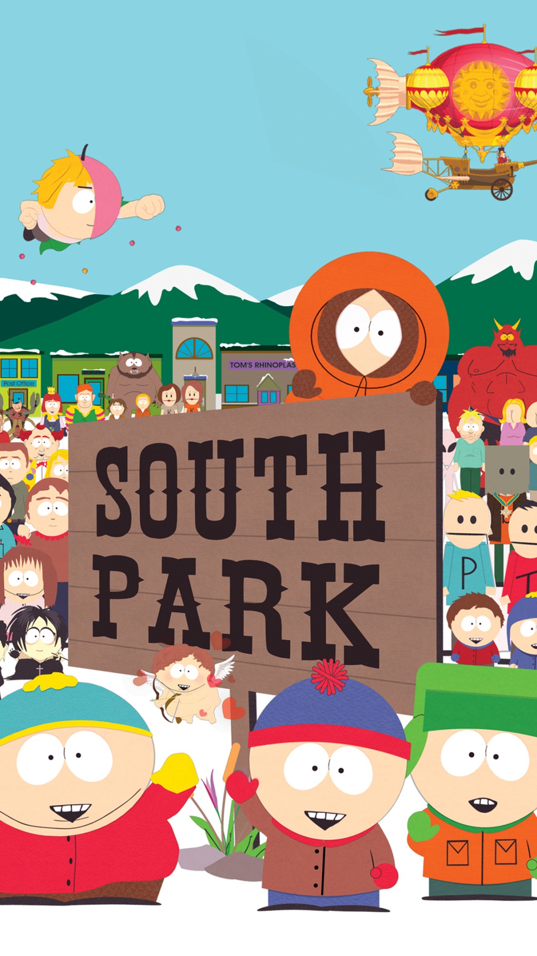 South Park, Eric Cartman, Stan Marsh, Kyle Broflovski, Kenny McCormick, Town sign, Cast, phone wallpaper